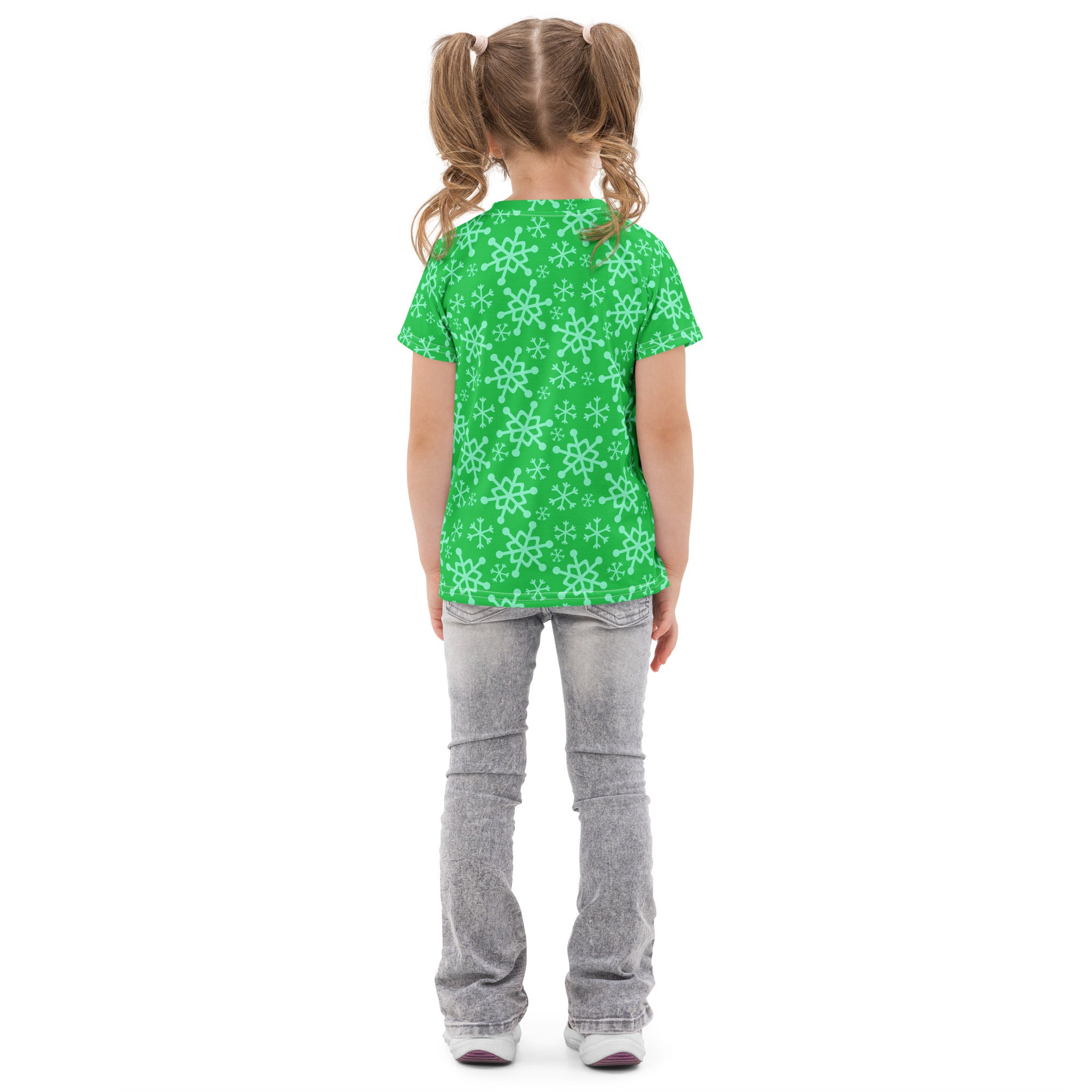 Kids green snowflakes christmas cotton t-shirt featuring a white snowflake pattern on a short-sleeved design
