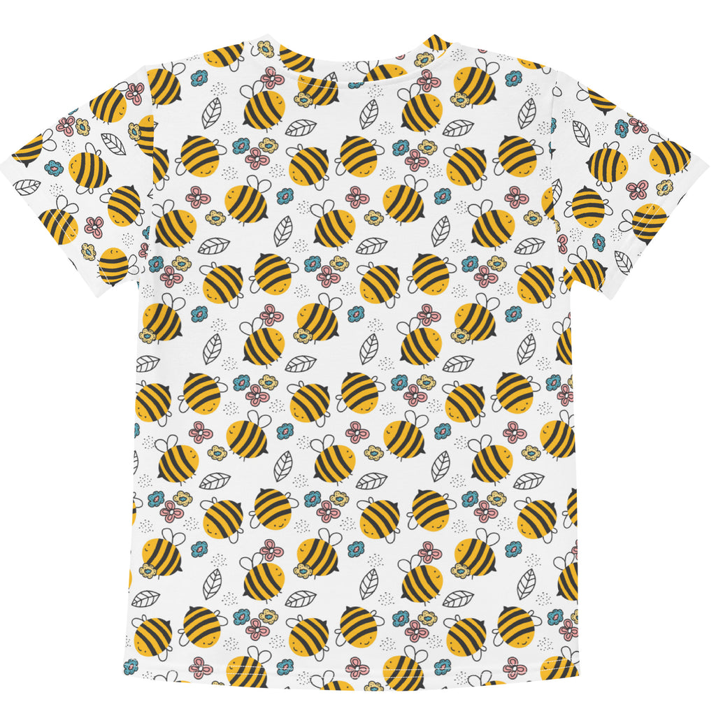 Kids floral yellow bumblebee cotton t-shirt white short-sleeved with playful bees and colorful flowers print