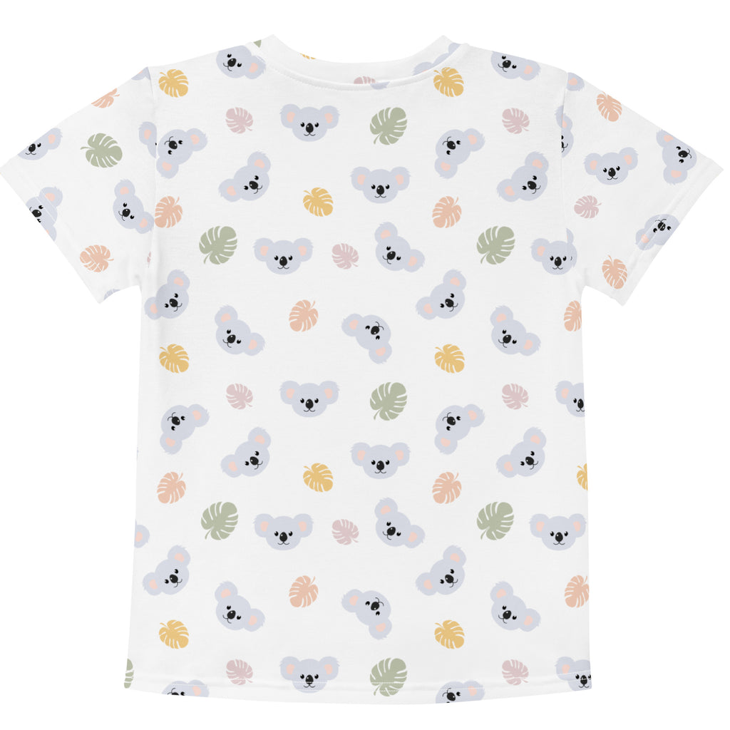 White kids koala cotton t-shirt with short sleeves and playful gray koala and pastel tropical leaf print