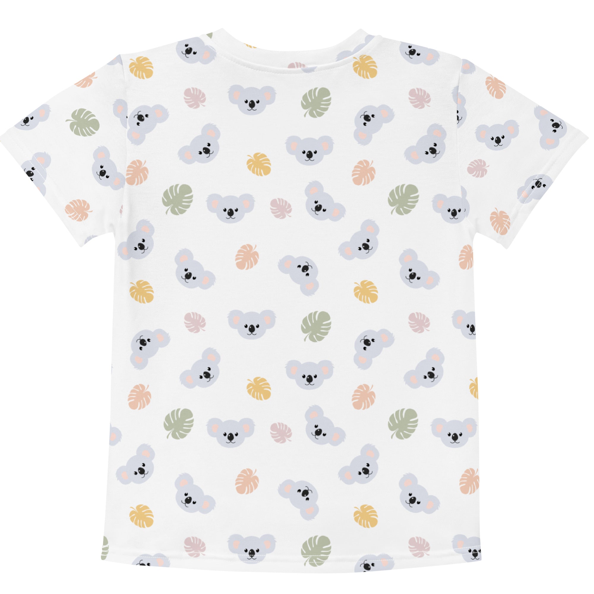 White kids koala cotton t-shirt with short sleeves and playful gray koala and pastel tropical leaf print