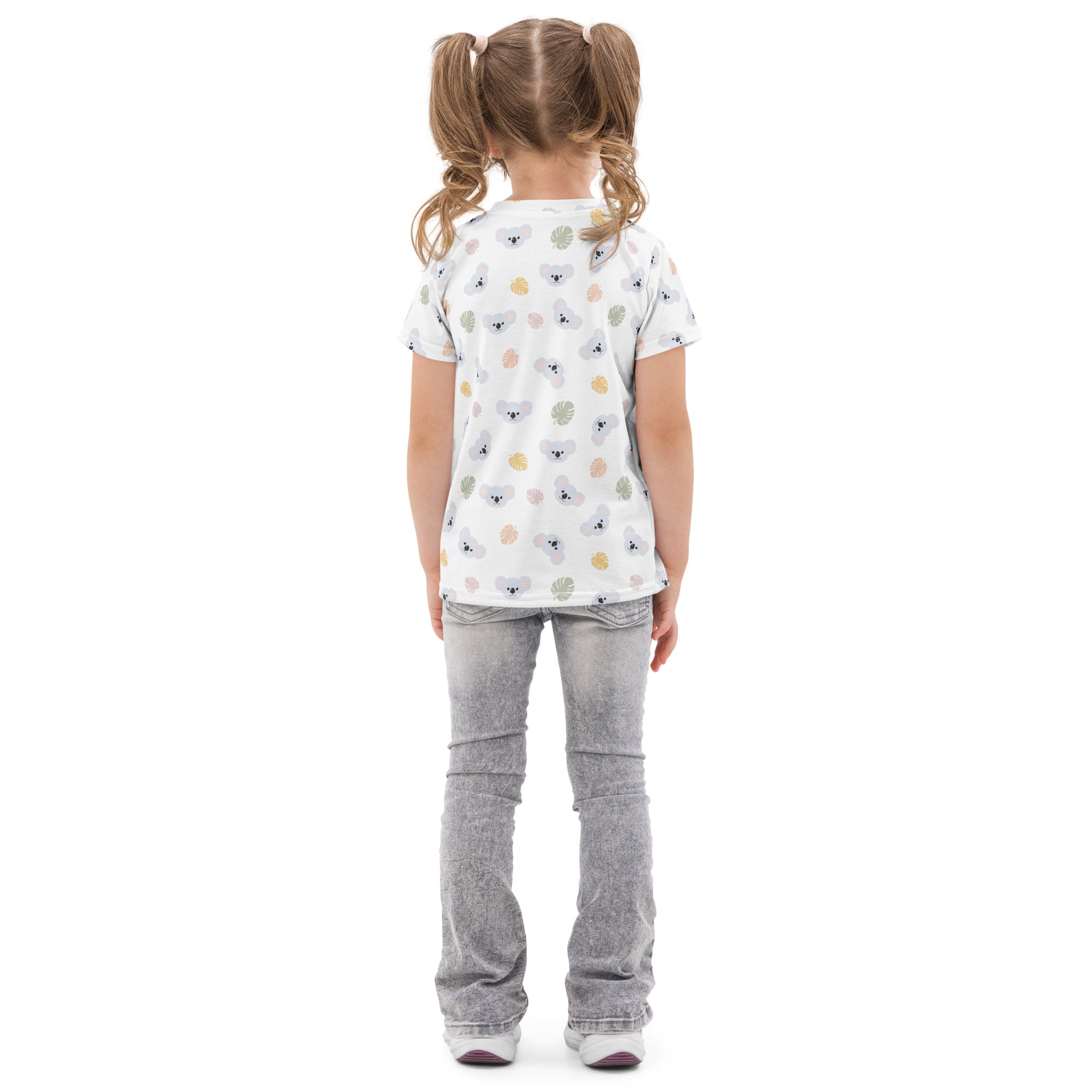 Kids koala cotton t-shirt with white short sleeves and playful gray and pastel koala and leaf pattern