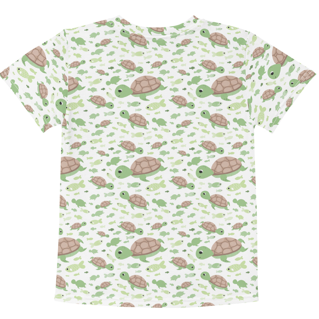 Kids green sea turtles cotton t-shirt with playful all-over print of green and brown cartoon turtles swimming among fish