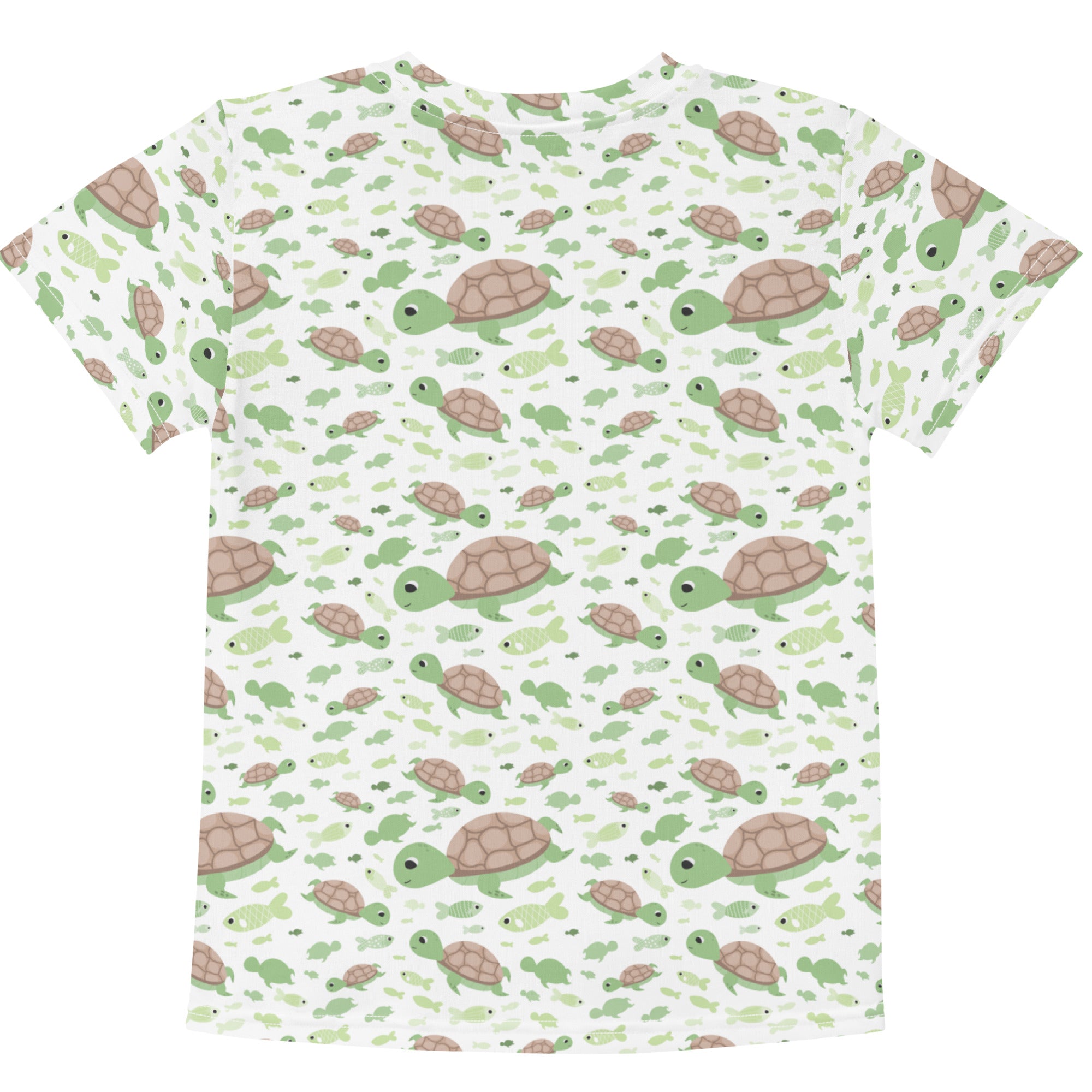 Kids green sea turtles cotton t-shirt with playful all-over print of green and brown cartoon turtles swimming among fish