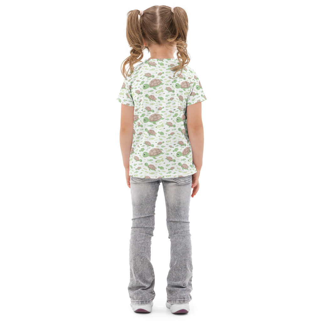Kids green sea turtles cotton t-shirt with playful green and brown turtle pattern on light minty short-sleeved fabric