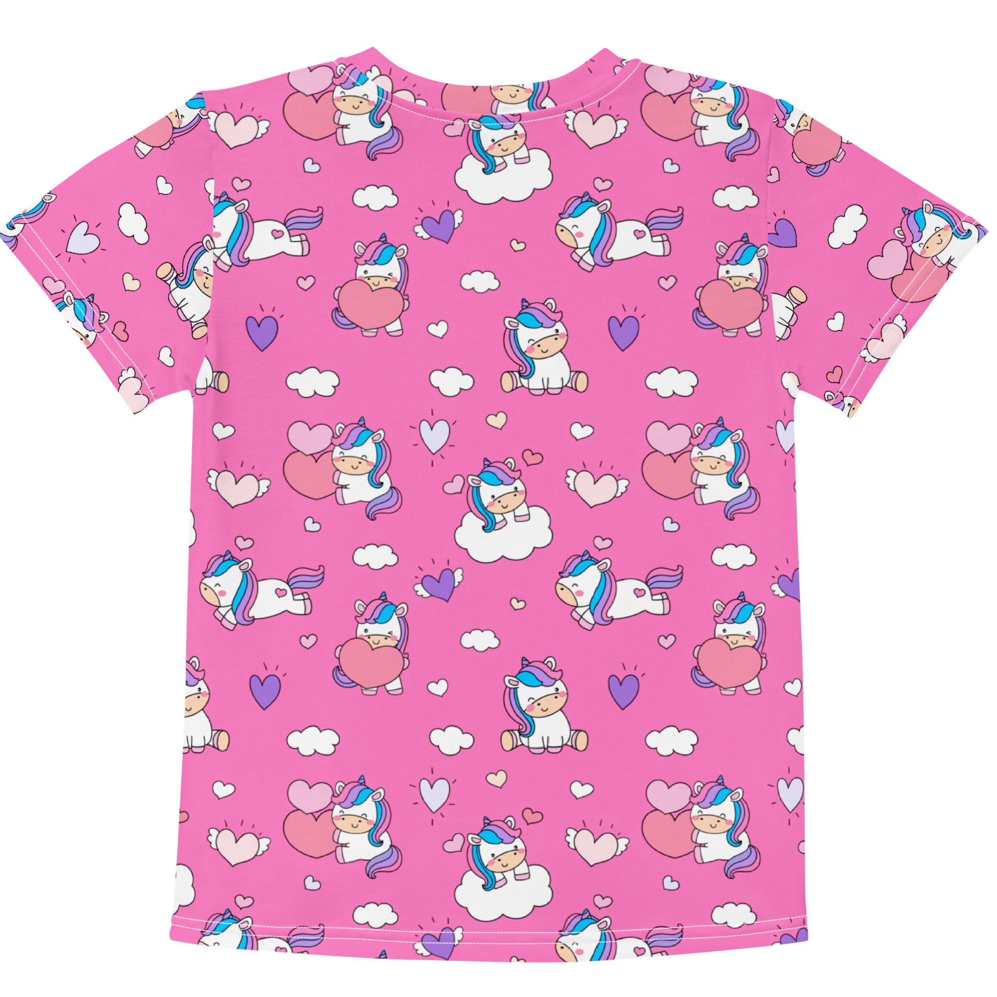 Girls unicorn hearts cotton t-shirt in pink with short sleeves and playful all-over cartoon unicorn and heart print