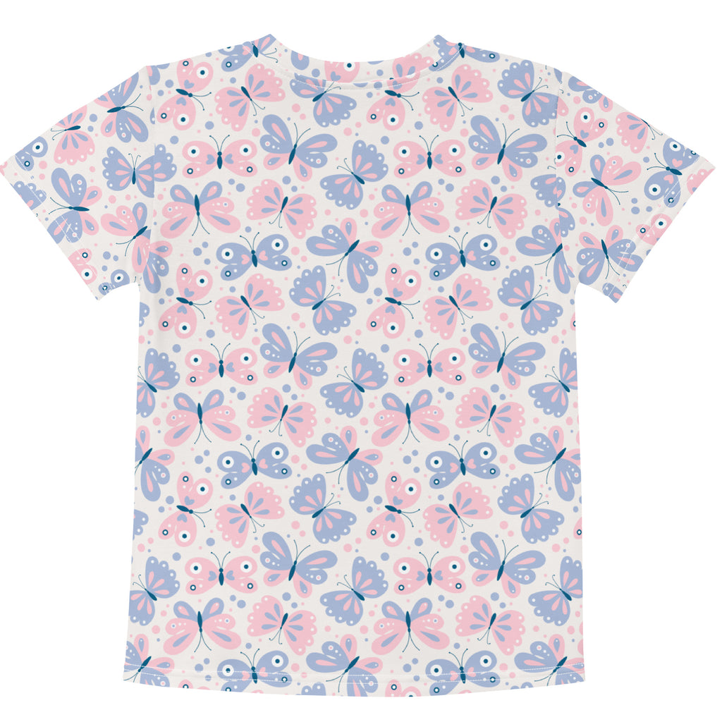 Girls pastel butterfly cotton t-shirt with short sleeves and pink and light blue butterfly pattern on off-white background