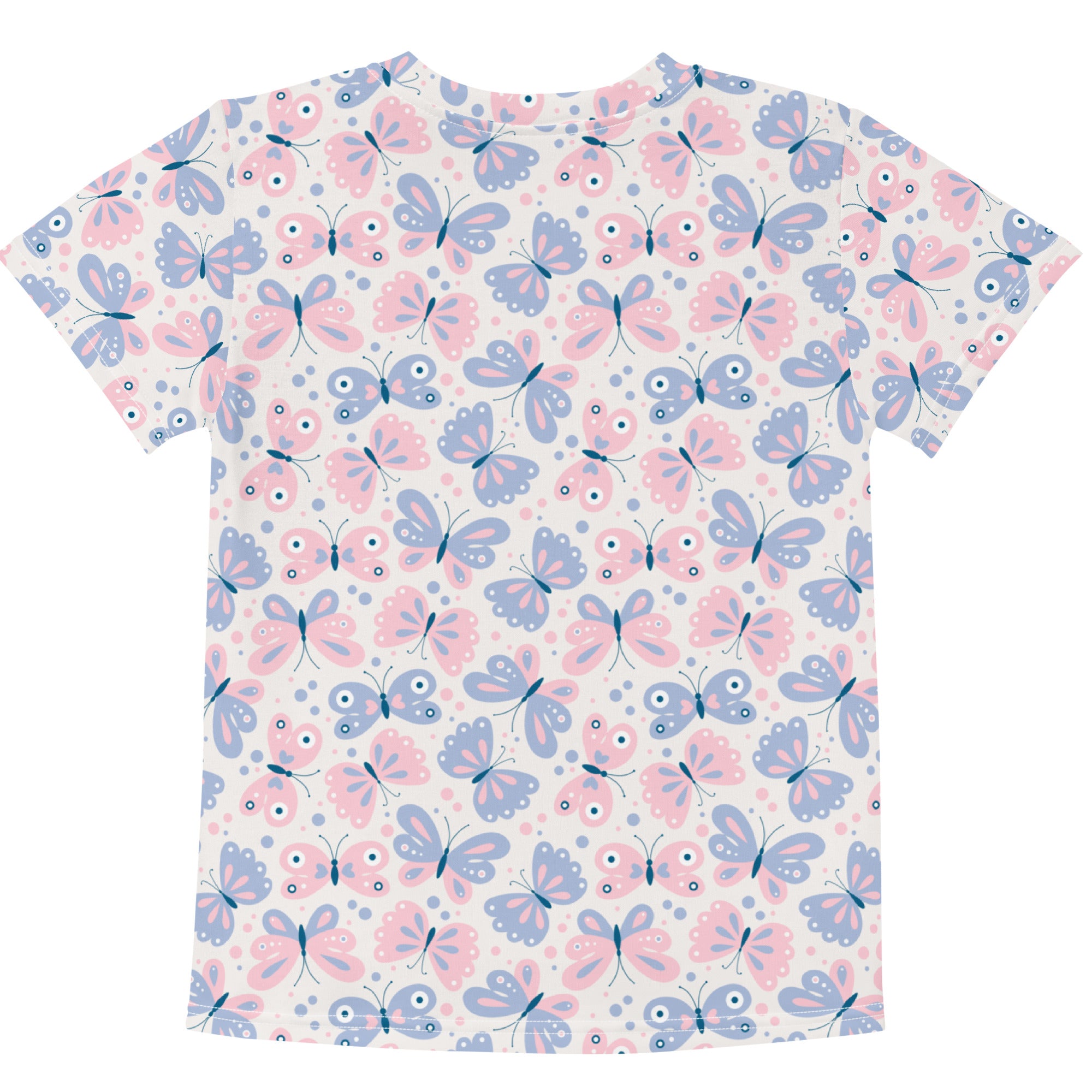 Girls pastel butterfly cotton t-shirt with short sleeves and pink and light blue butterfly pattern on off-white background