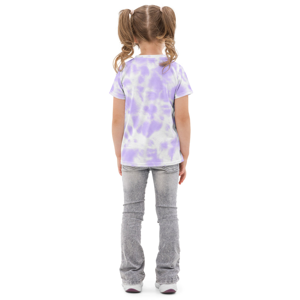 A child wearing a girls purple tie dye cotton t-shirt in lavender and white short sleeves