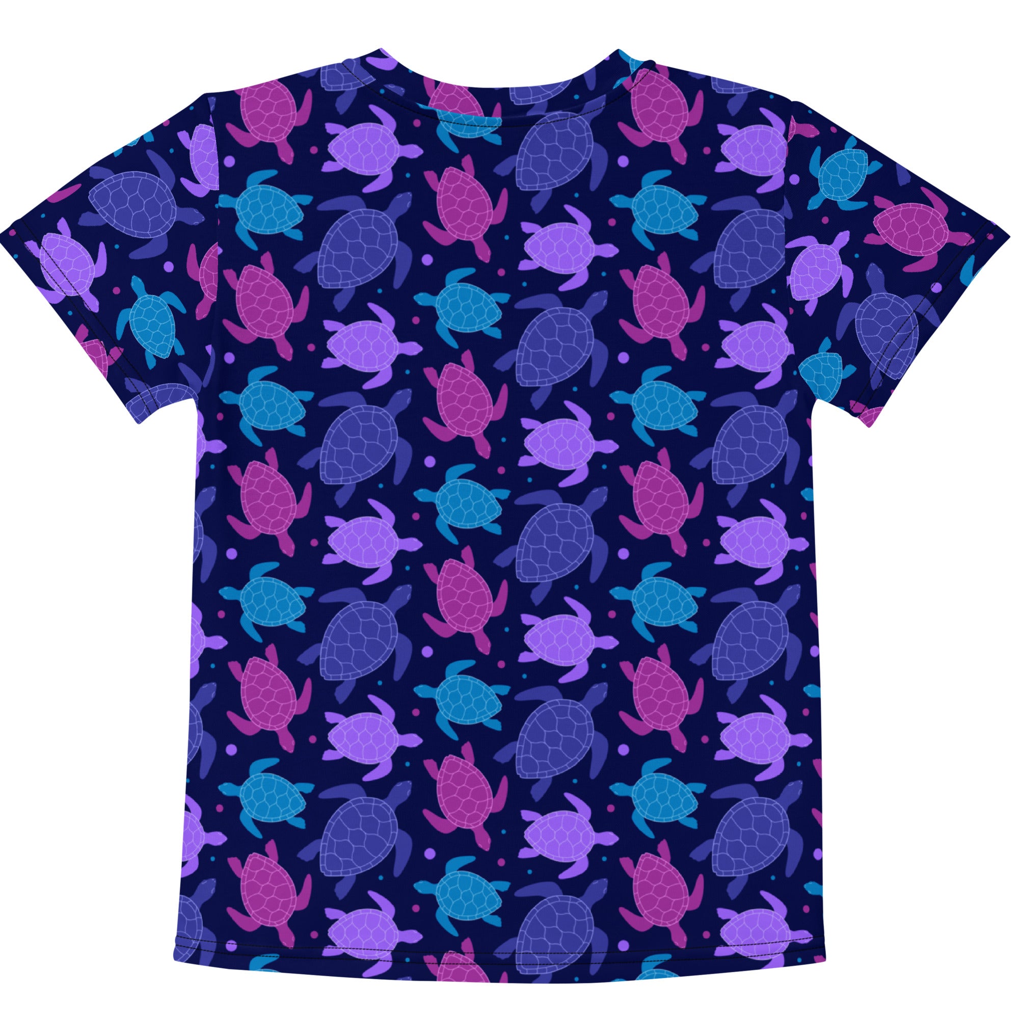 Girls purple sea turtle cotton t-shirt with navy blue short sleeves and vibrant all-over print in purple pink and teal