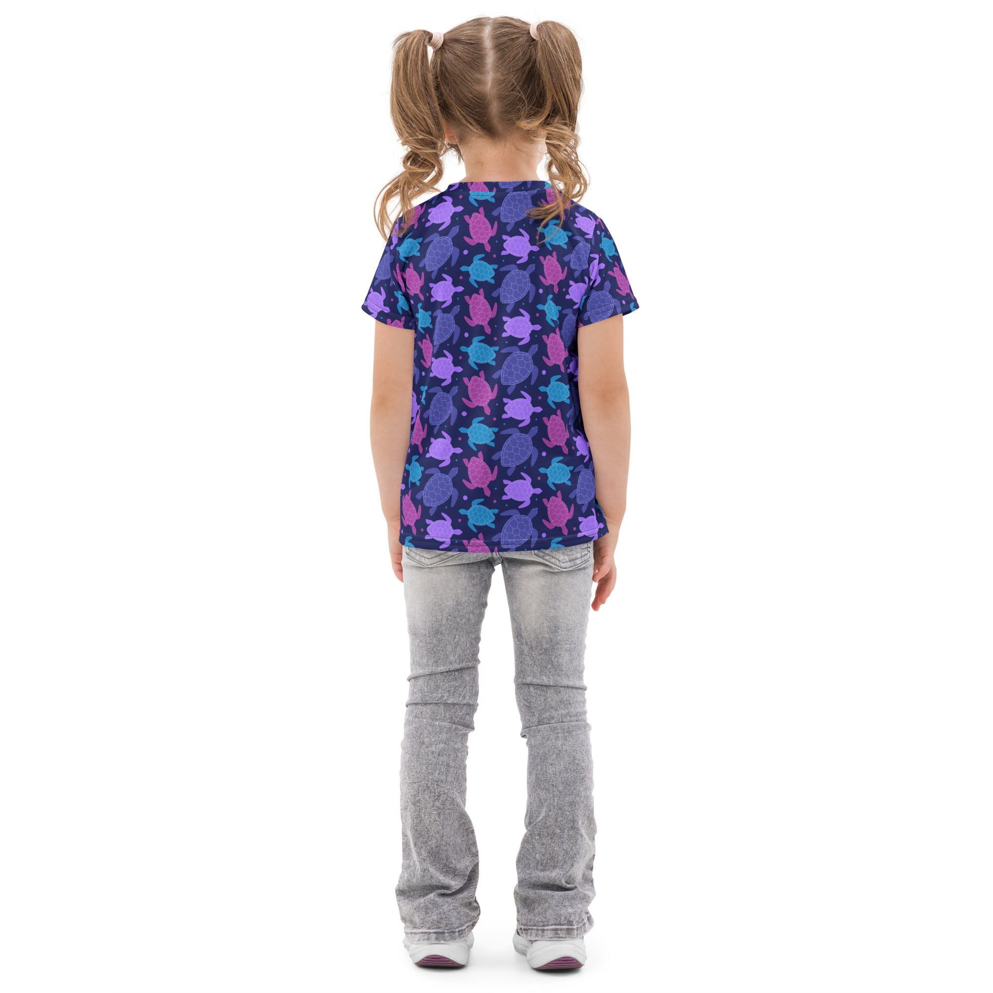 Girls purple sea turtle cotton t-shirt with vibrant short-sleeved stylized turtle pattern on navy background