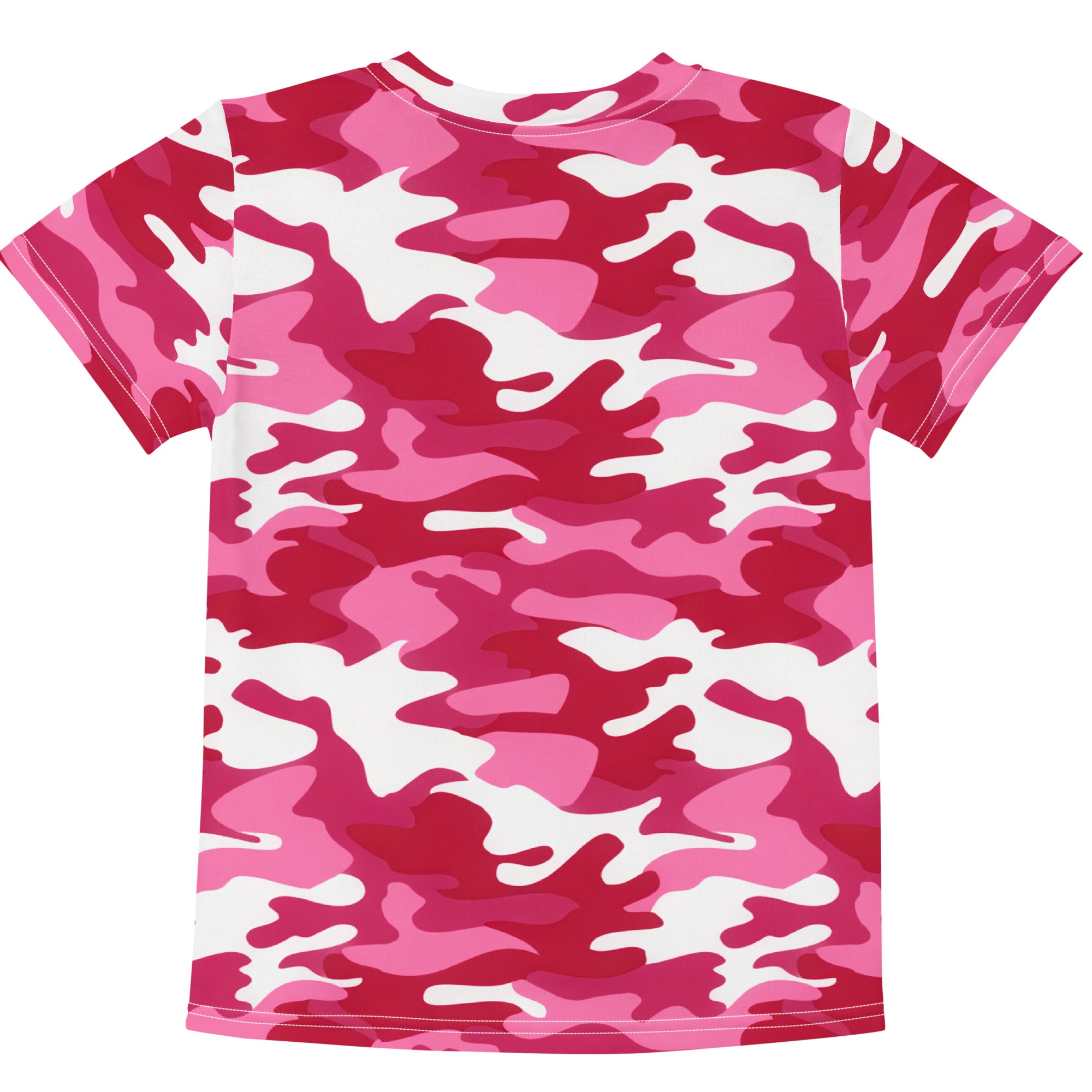 Girls bright pink camouflage cotton t-shirt with short sleeves featuring a vibrant pink and white pattern