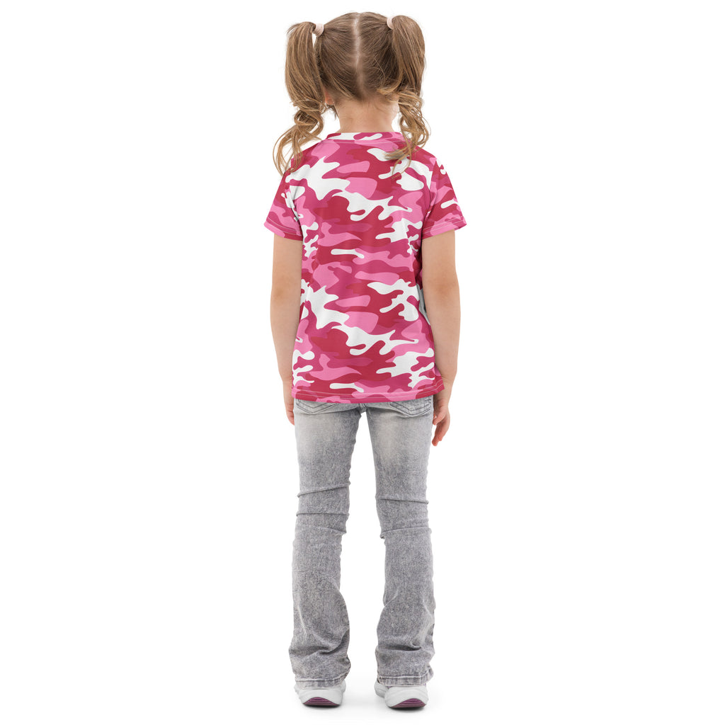 Girls bright pink camouflage cotton t-shirt with pink and white short sleeves for casual wear