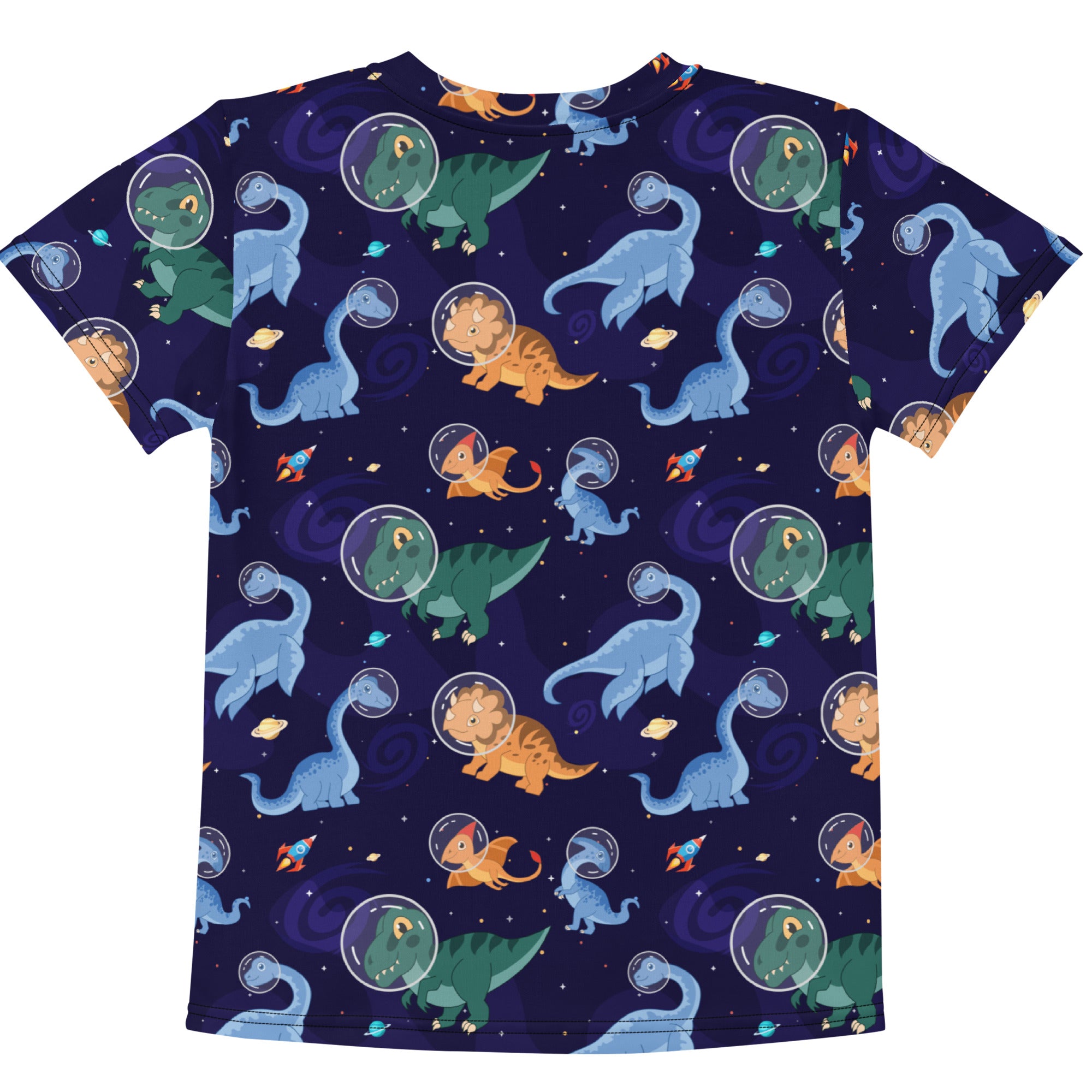 Kids space dinosaurs cotton t-shirt navy blue short-sleeved with cartoon astronaut dinosaur print for playful wear