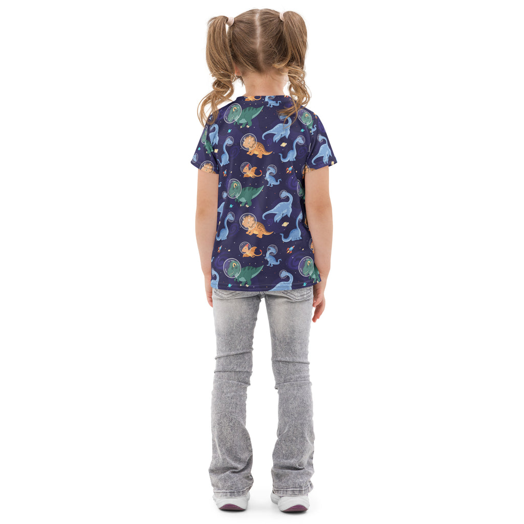 Kids space dinosaurs cotton t-shirt in navy blue with colorful cartoon dinosaur pattern and starry space background
