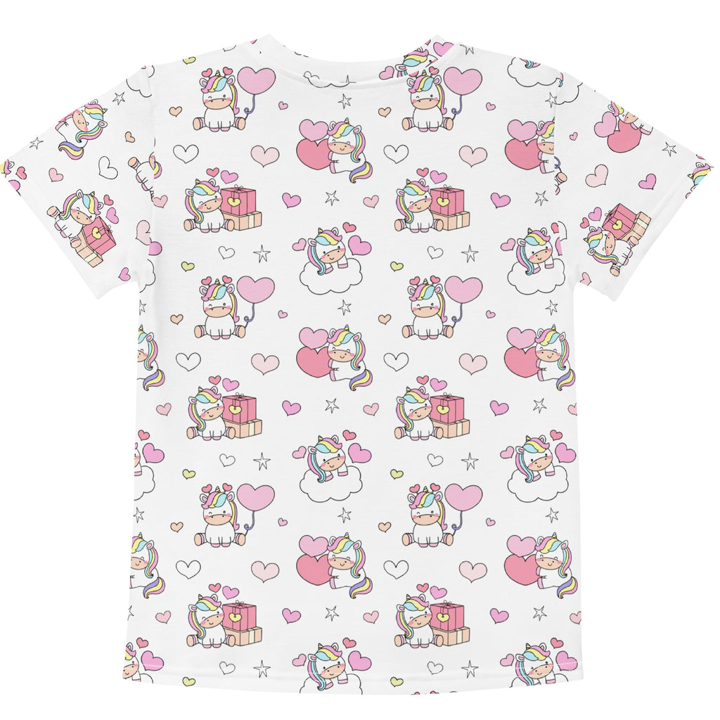 White girls cotton t-shirt with short sleeves featuring cartoon unicorns with rainbow manes and gift boxes print