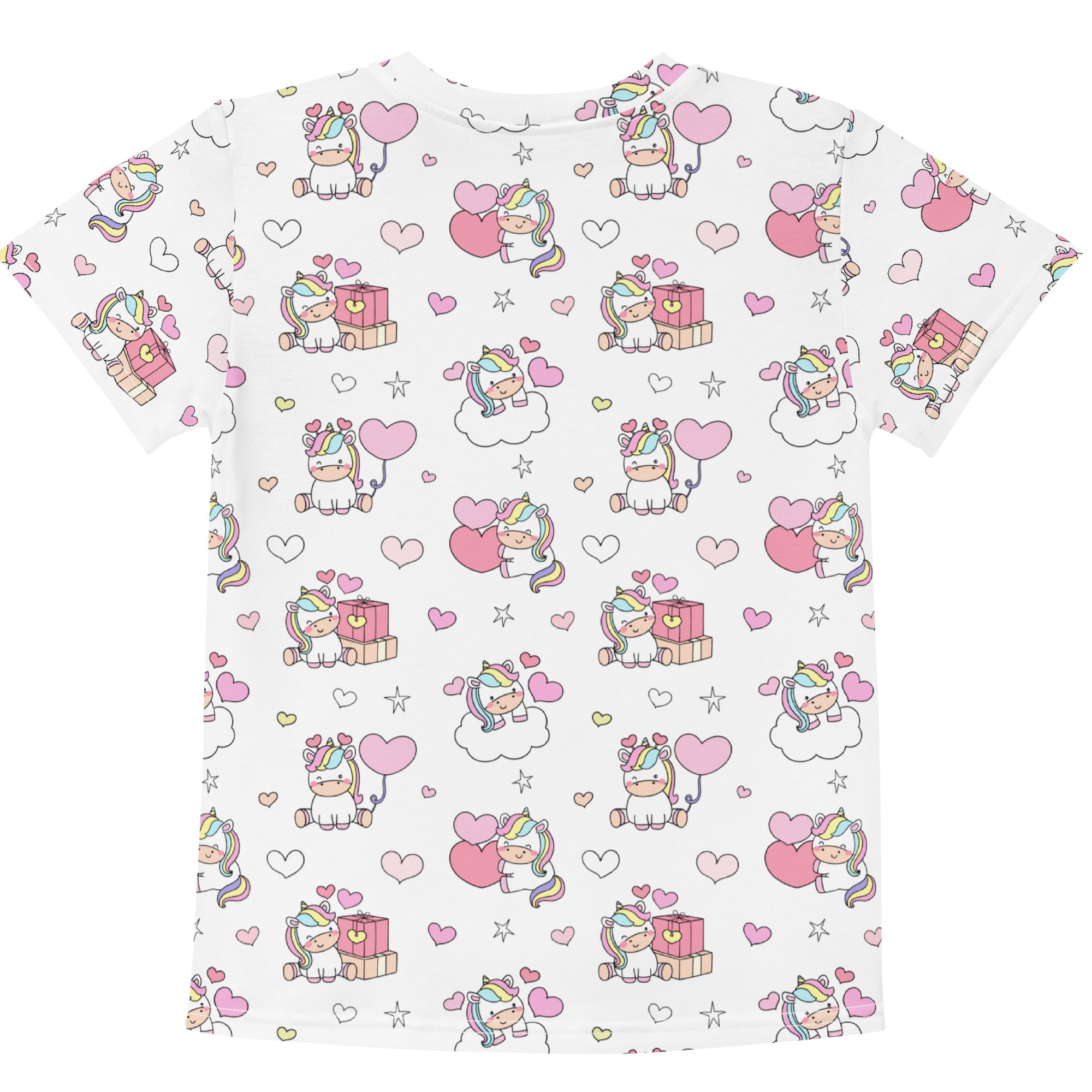 White girls cotton t-shirt with short sleeves featuring cartoon unicorns with rainbow manes and gift boxes print