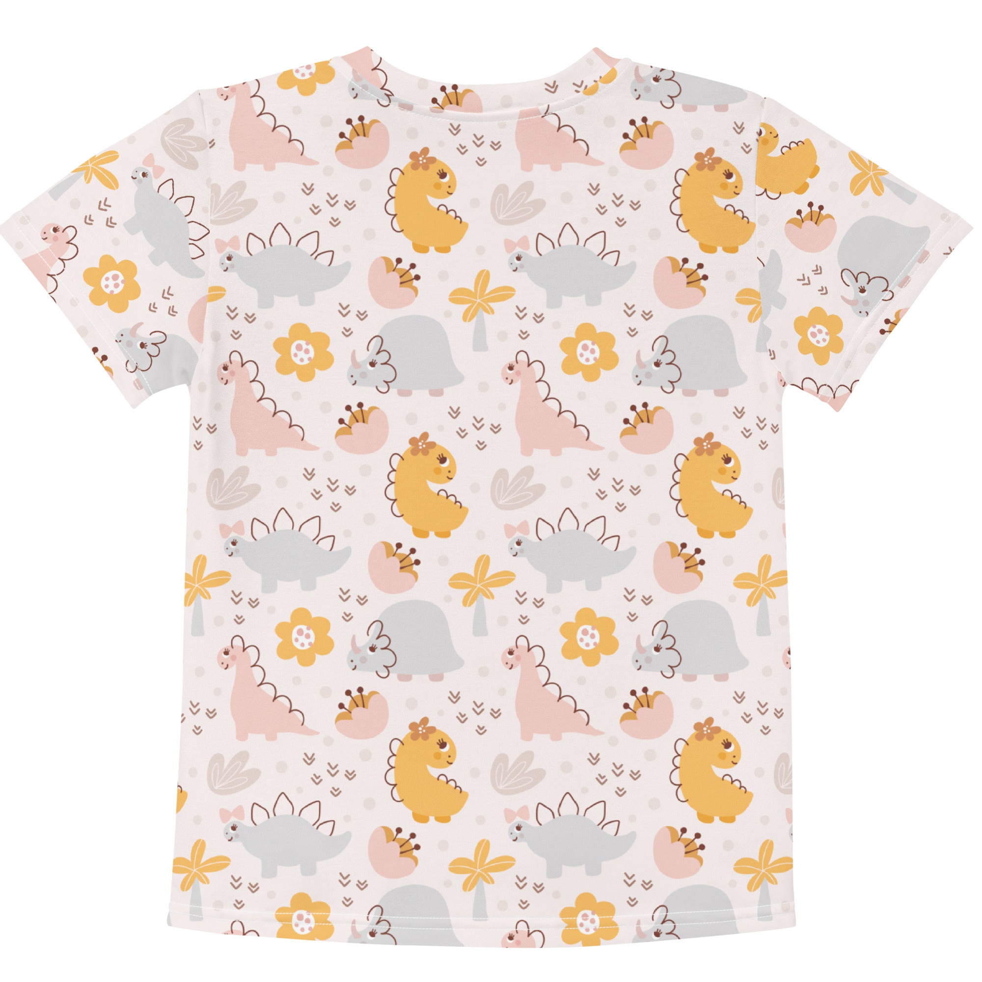 Girls floral dinosaur cotton t-shirt with pastel cartoon dinosaur and flower print on a soft cream fabric