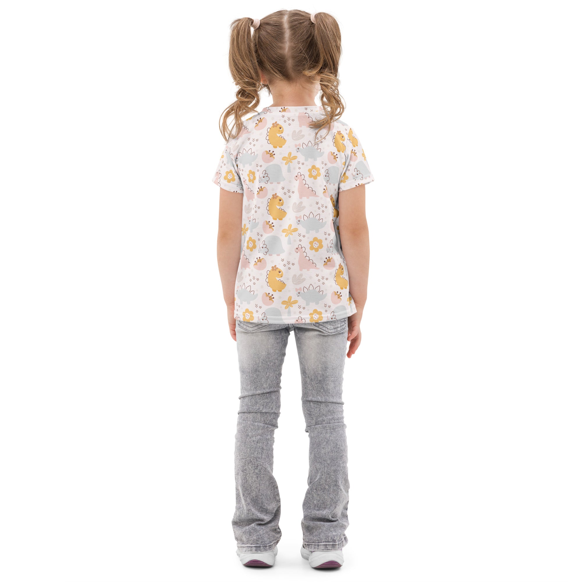 Girls floral dinosaur cotton t-shirt white short-sleeved with yellow and gray cartoon dinosaurs flowers and hearts pattern