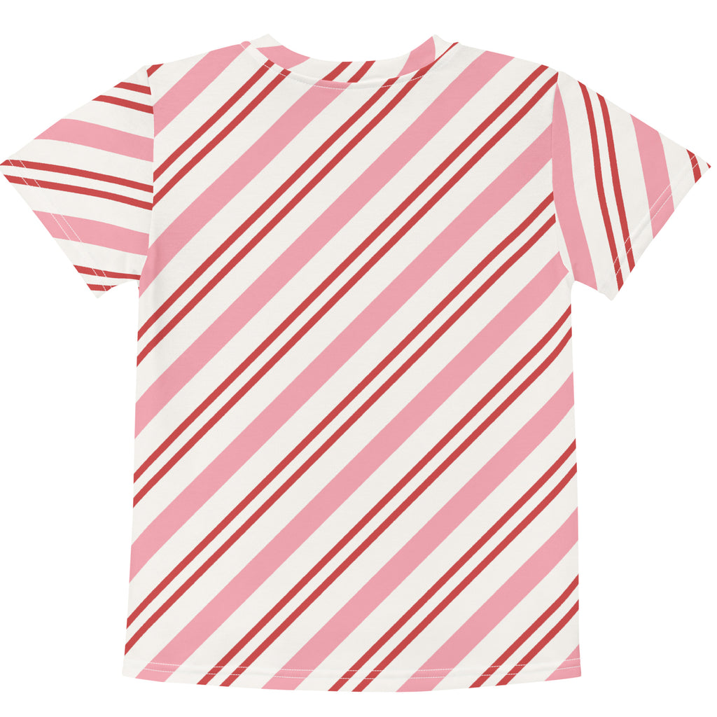 Girls pink candy cane stripes cotton t-shirt with short sleeves featuring soft pink and deep red diagonal stripes on white