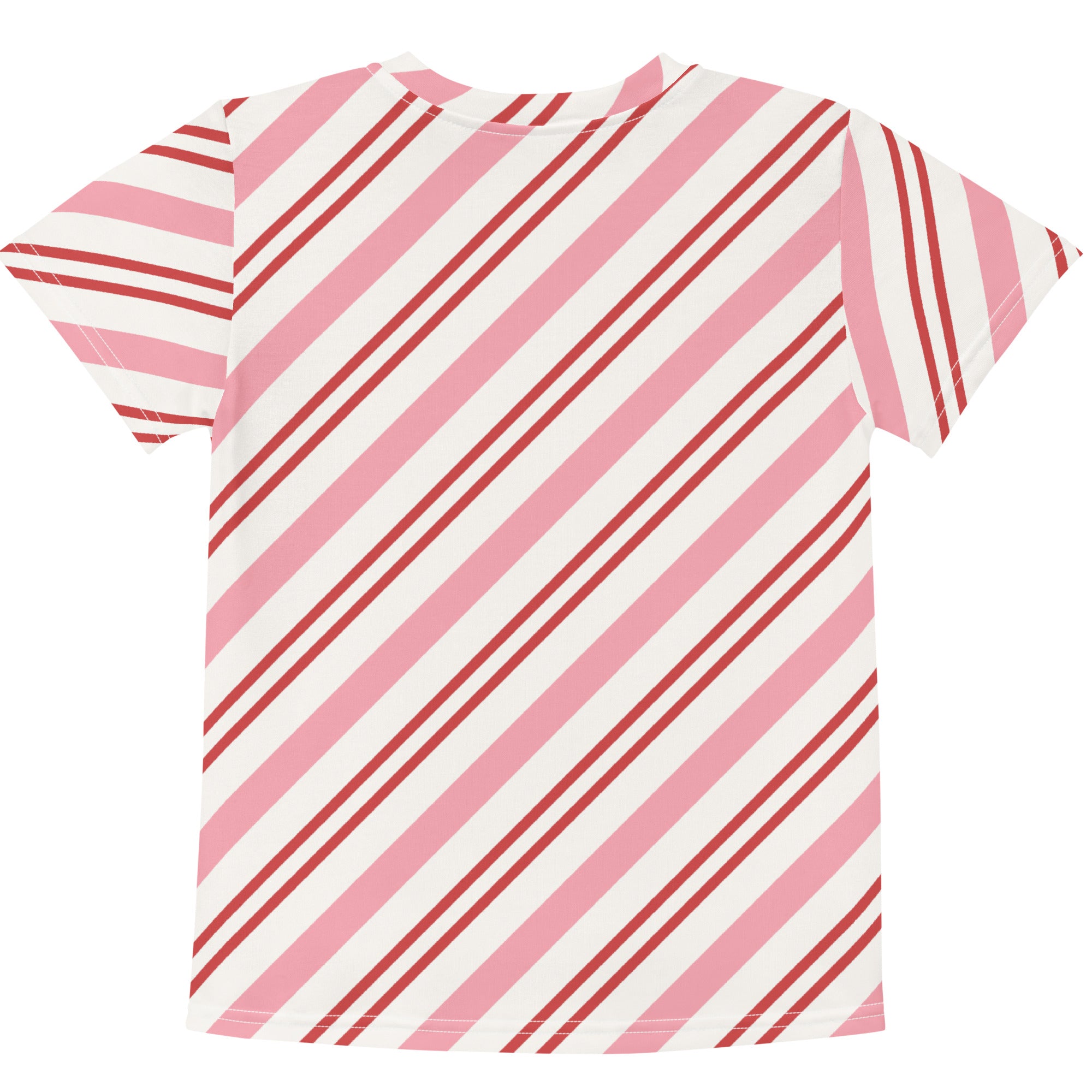 Girls pink candy cane stripes cotton t-shirt with short sleeves featuring soft pink and deep red diagonal stripes on white