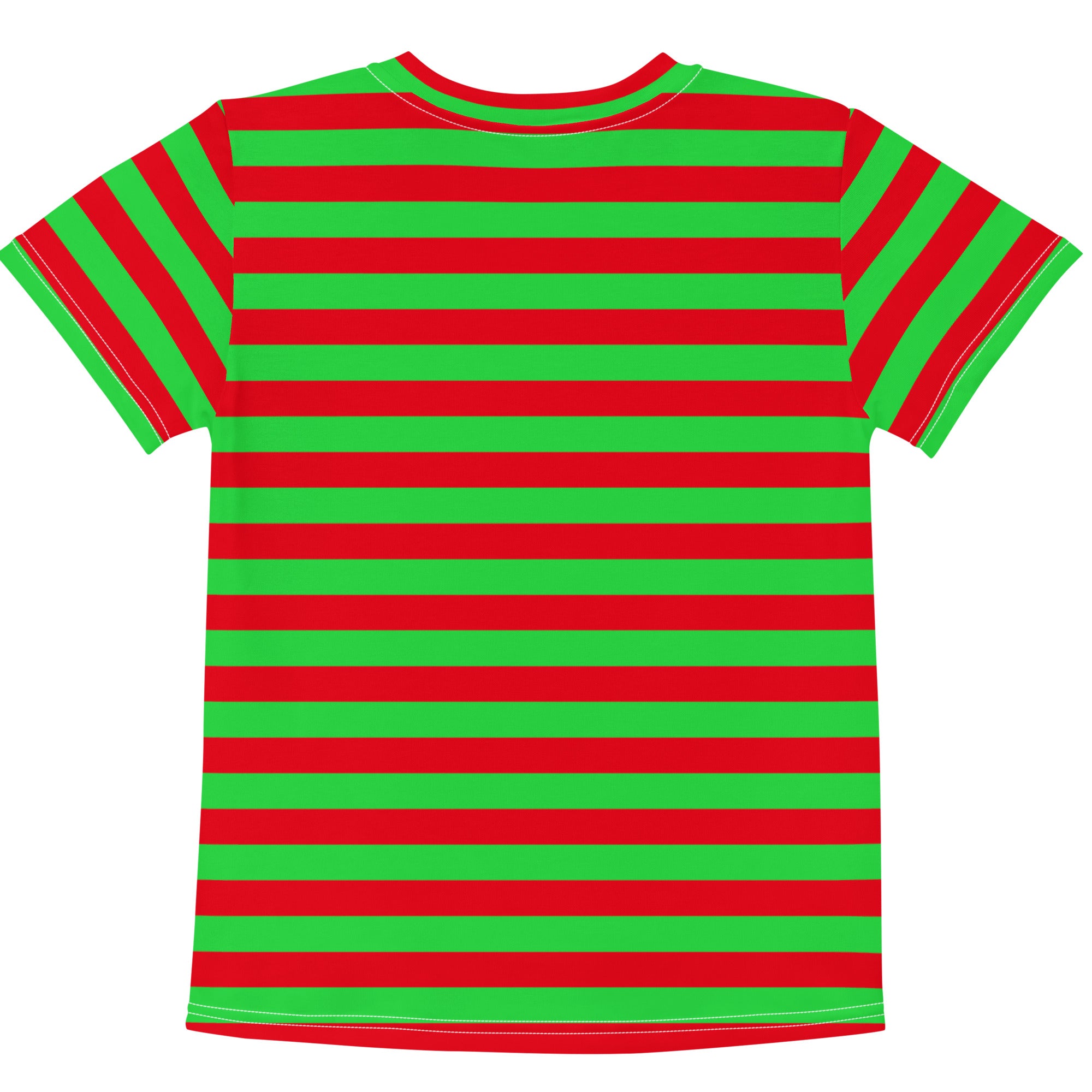 Kids red and green christmas striped cotton t-shirt with vibrant horizontal stripes and classic crew neck short sleeves