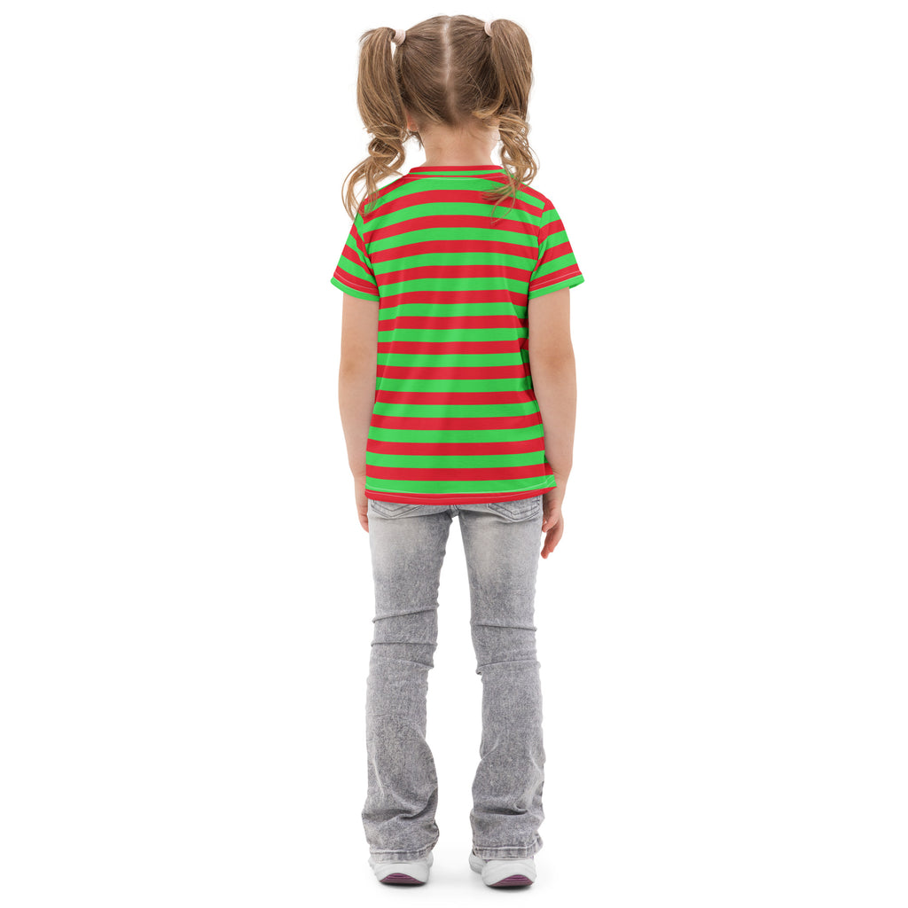 A child wearing a kids red and green Christmas striped cotton t-shirt with short sleeves and horizontal stripes