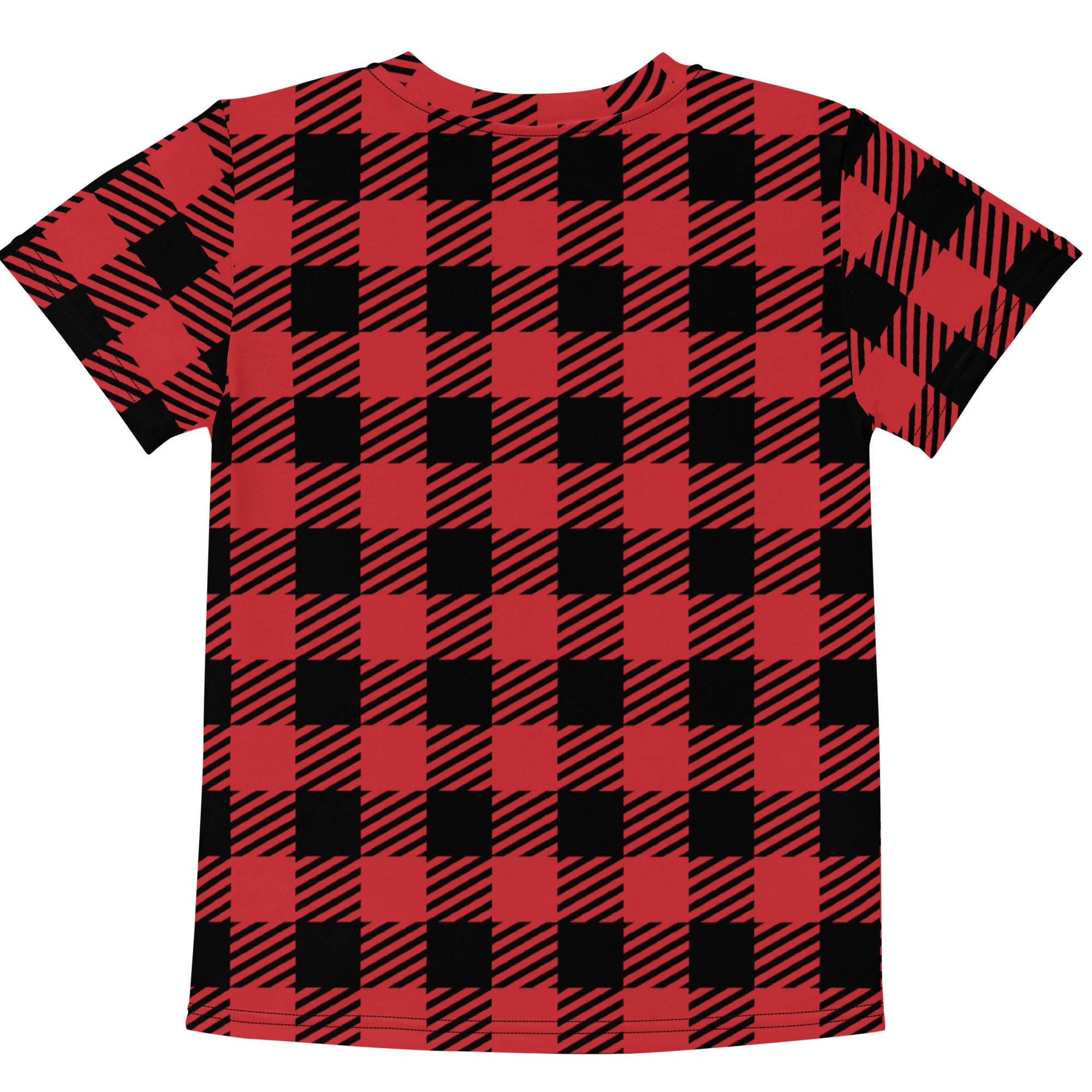 Kids red buffalo plaid cotton t-shirt featuring a red and black plaid short-sleeved design with diagonal stripes