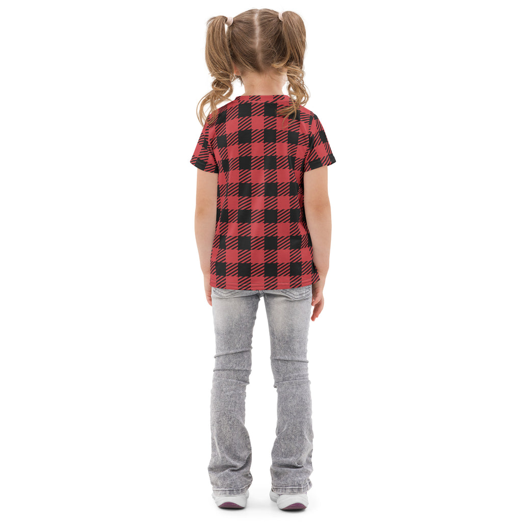 Kids red buffalo plaid cotton t-shirt featuring a red and black short-sleeved classic checkered pattern