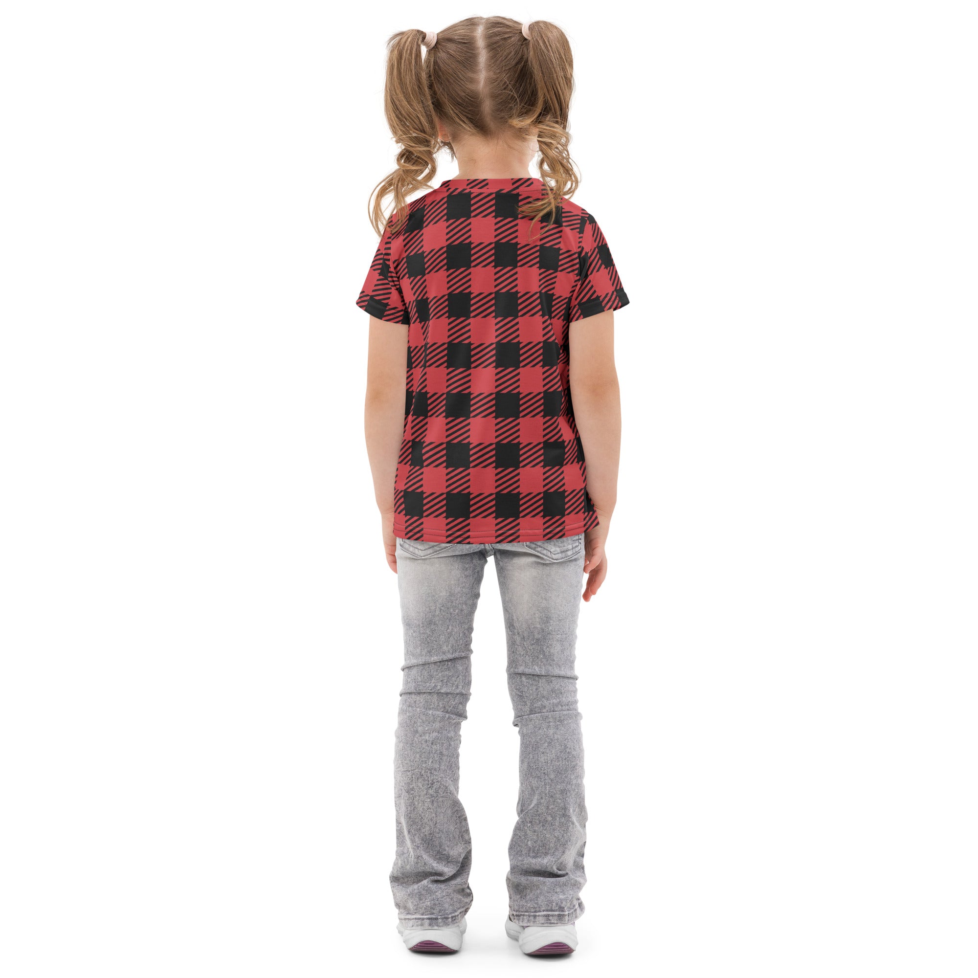 Kids red buffalo plaid cotton t-shirt featuring a red and black short-sleeved classic checkered pattern