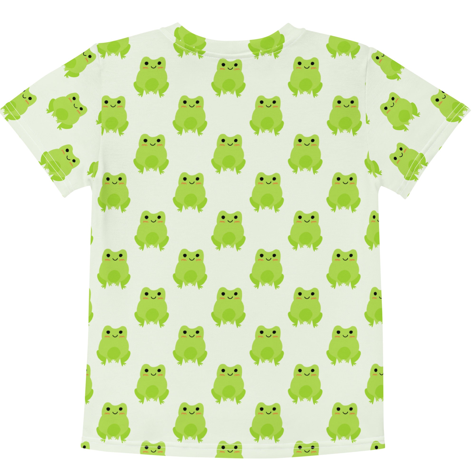 Kids green frogs cotton t-shirt white with repeating pattern of cute lime green cartoon frogs smiling faces