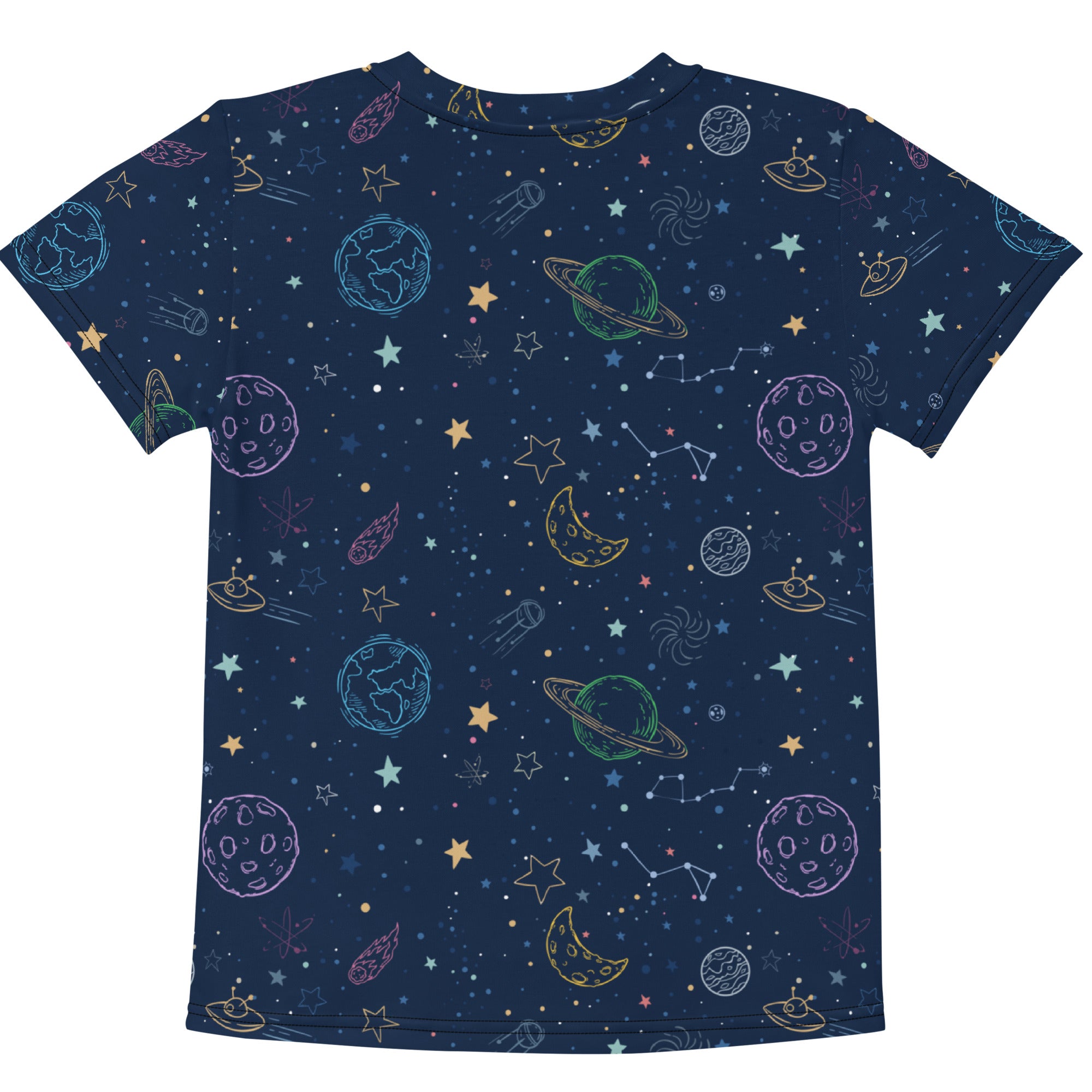 Dark blue kids short-sleeved cotton t-shirt with vibrant pastel cosmic planets stars moons and ufos design
