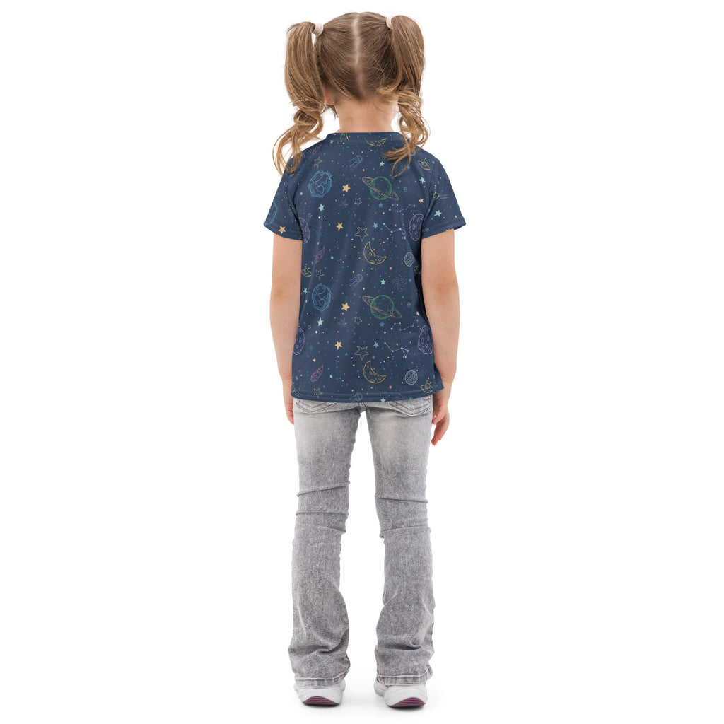Kids colorful galaxy space cotton t-shirt in navy blue with playful planets stars and moons print in soft yellow and green