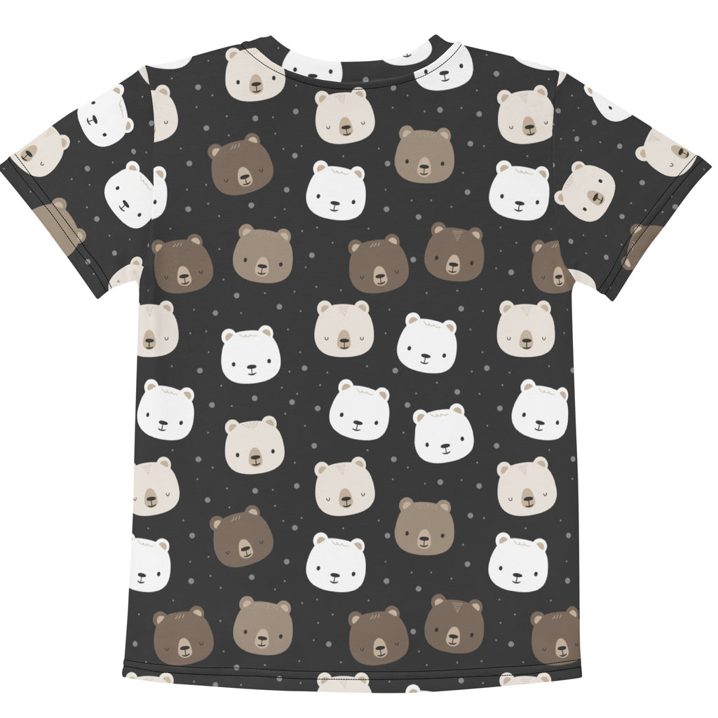 Kids bear face cotton t-shirt black short-sleeved with playful white beige and brown cartoon bear print on front