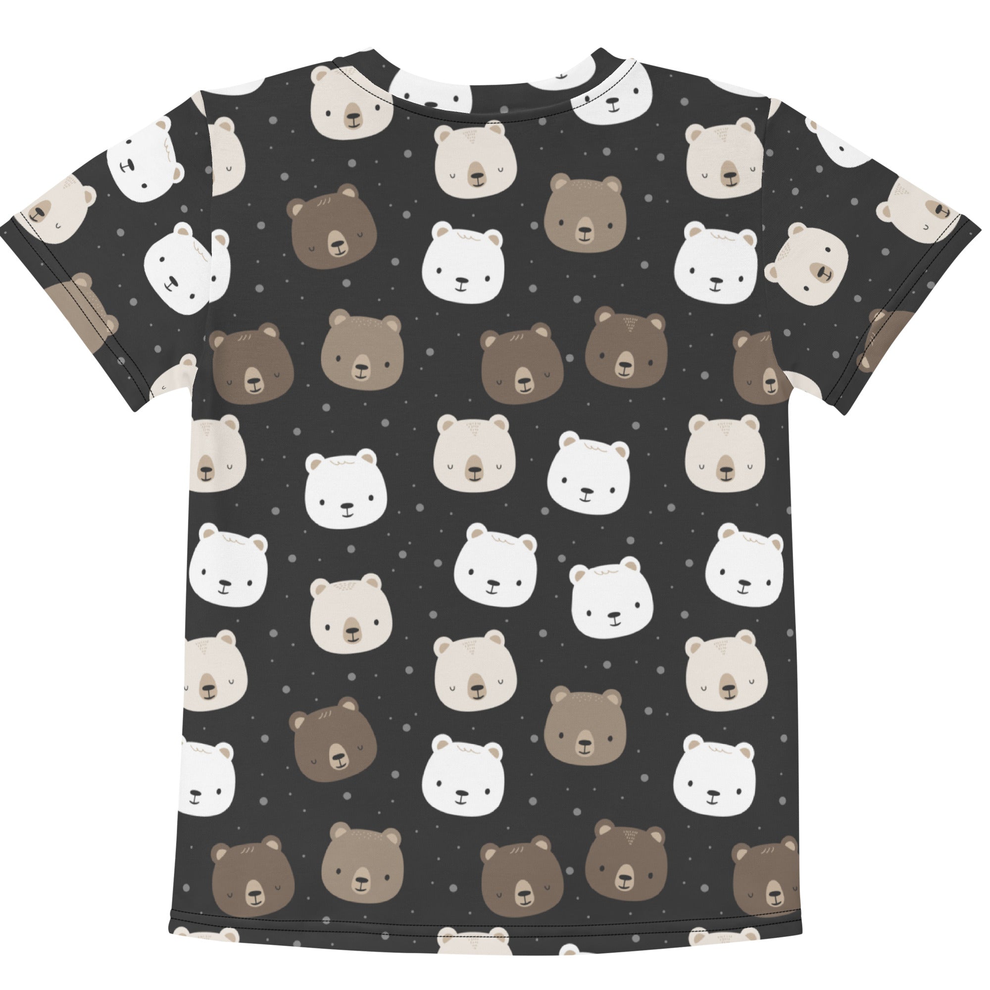 Kids bear face cotton t-shirt black short-sleeved with playful white beige and brown cartoon bear print on front