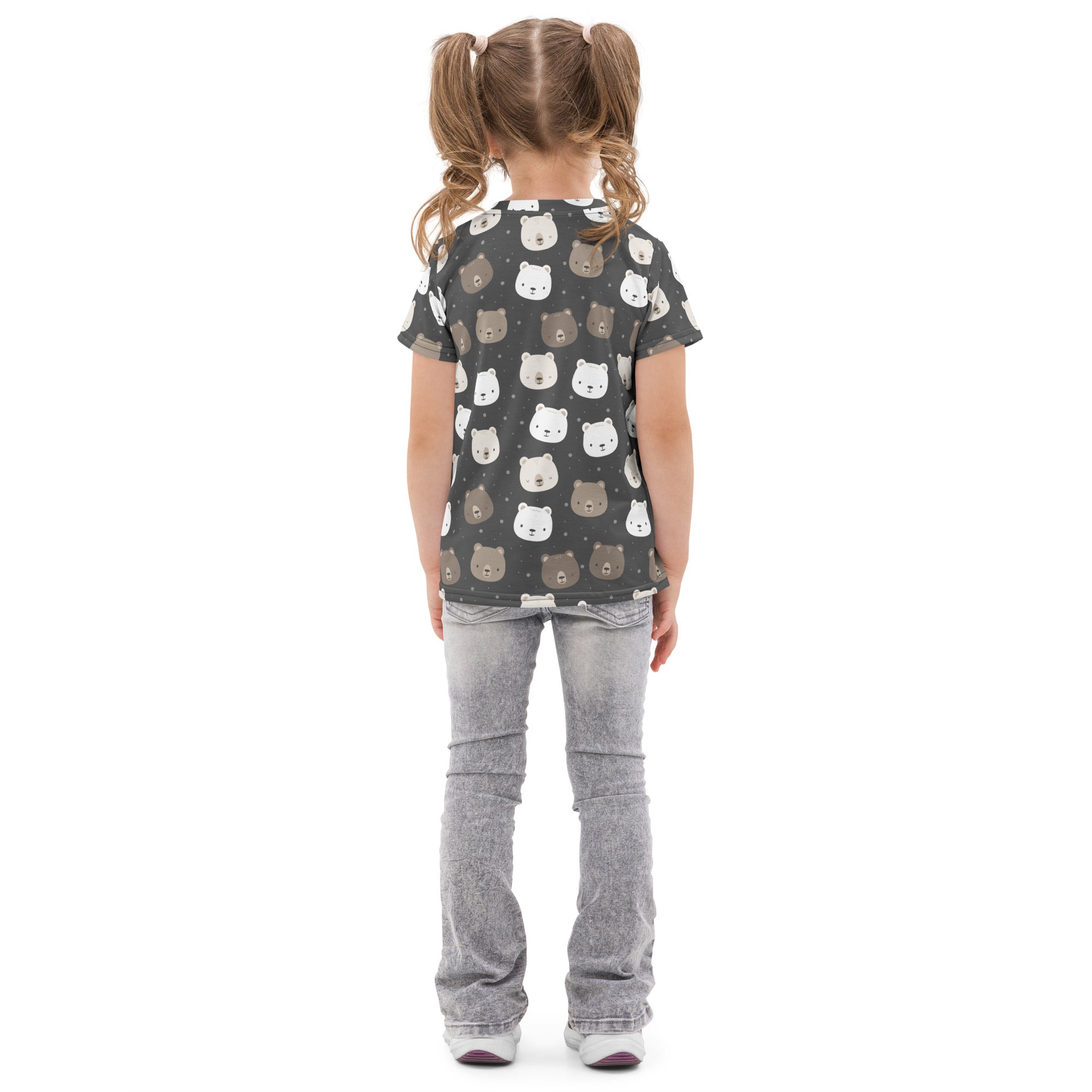 Kids bear face cotton t-shirt in dark gray with playful white and brown bear face pattern and short sleeves