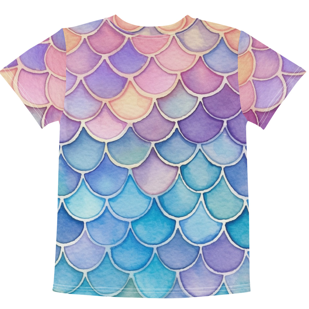 Girls watercolor mermaid cotton t-shirt with short sleeves and vibrant pink purple to blue mermaid scale pattern