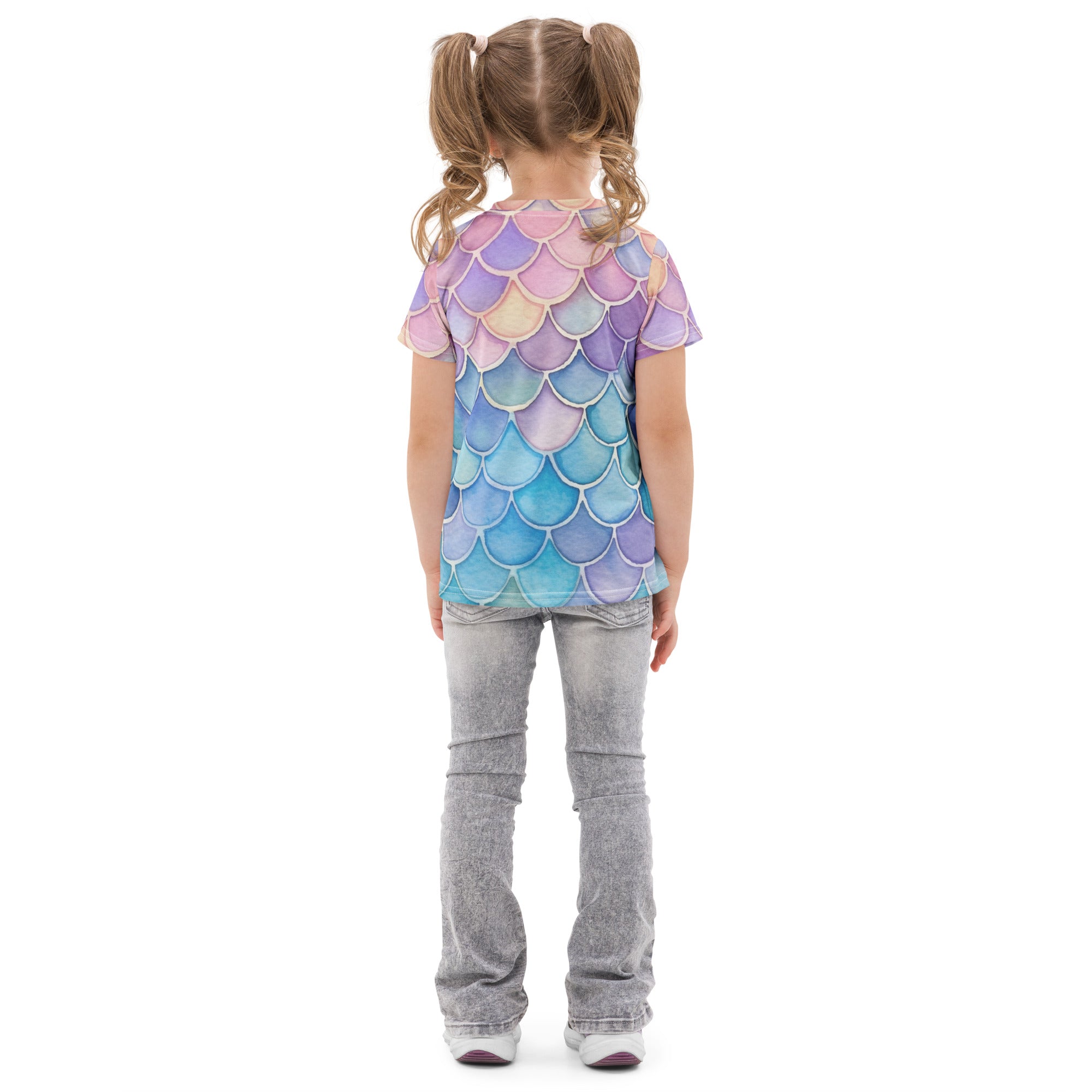 Girls watercolor mermaid cotton t-shirt with vibrant purple pink and blue gradient mermaid scale pattern
