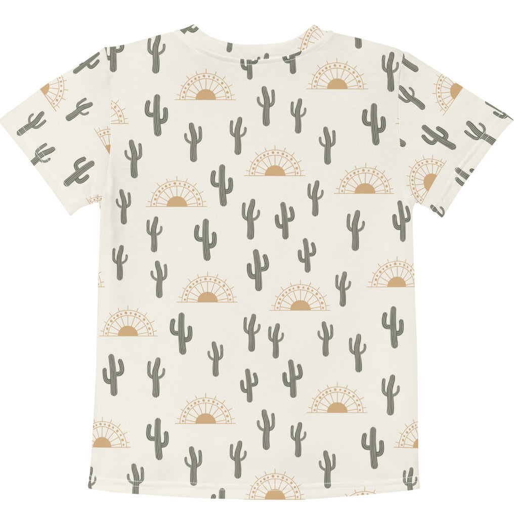 Kids cactus desert sunrise cotton t-shirt cream short-sleeved with gray cactus and tan sunburst pattern