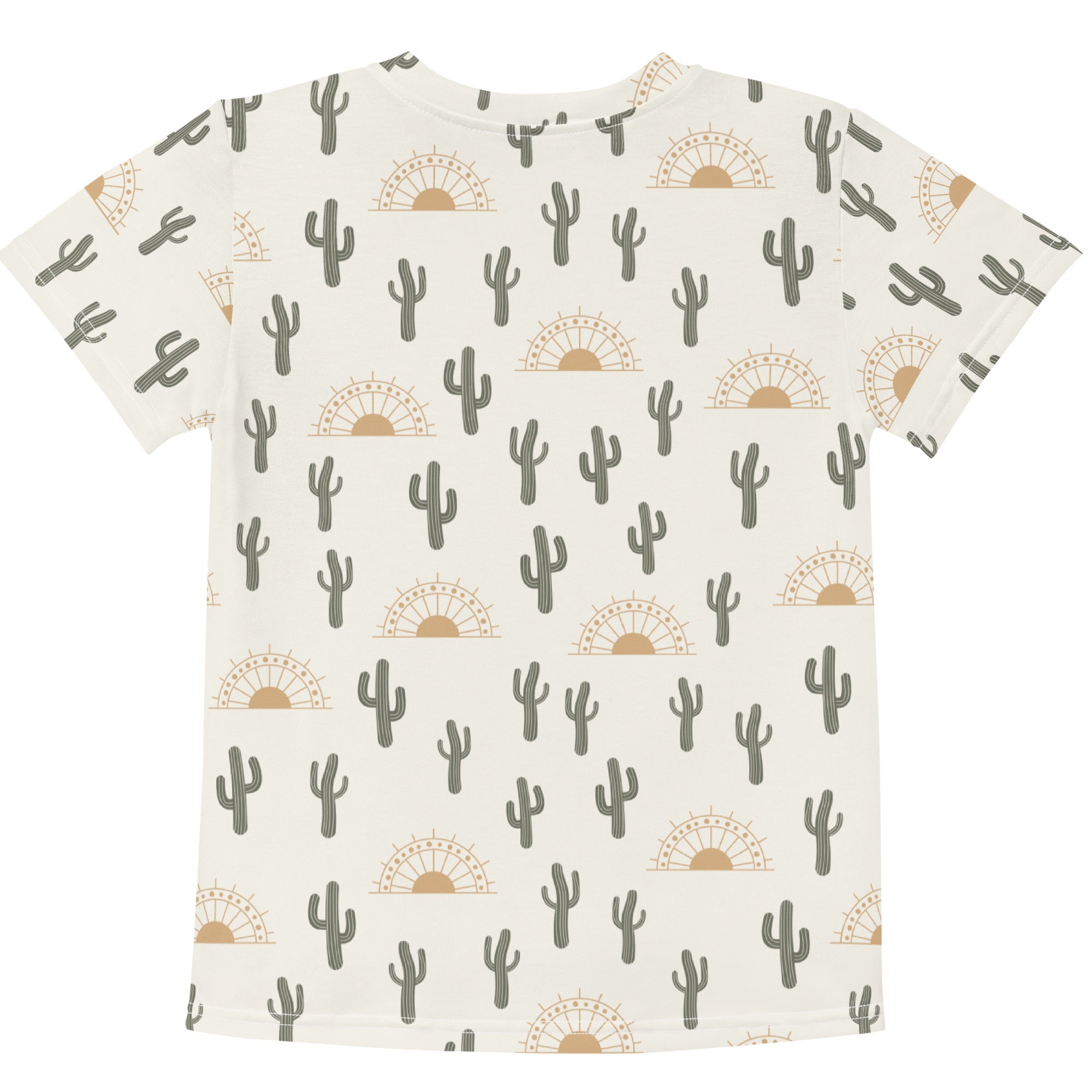 Kids cactus desert sunrise cotton t-shirt cream short-sleeved with gray cactus and tan sunburst pattern
