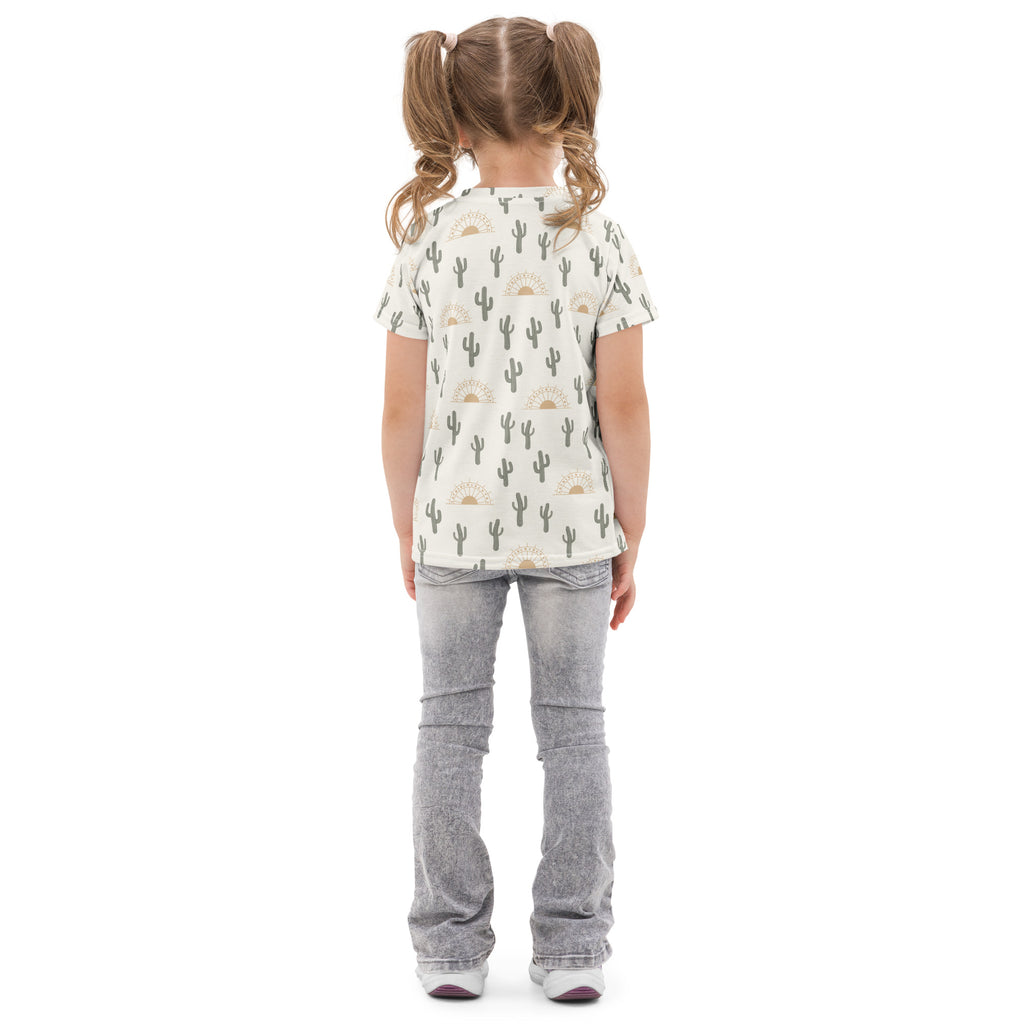 Kids cactus desert sunrise cotton t-shirt with short sleeves featuring gray cacti and beige suns on off-white background