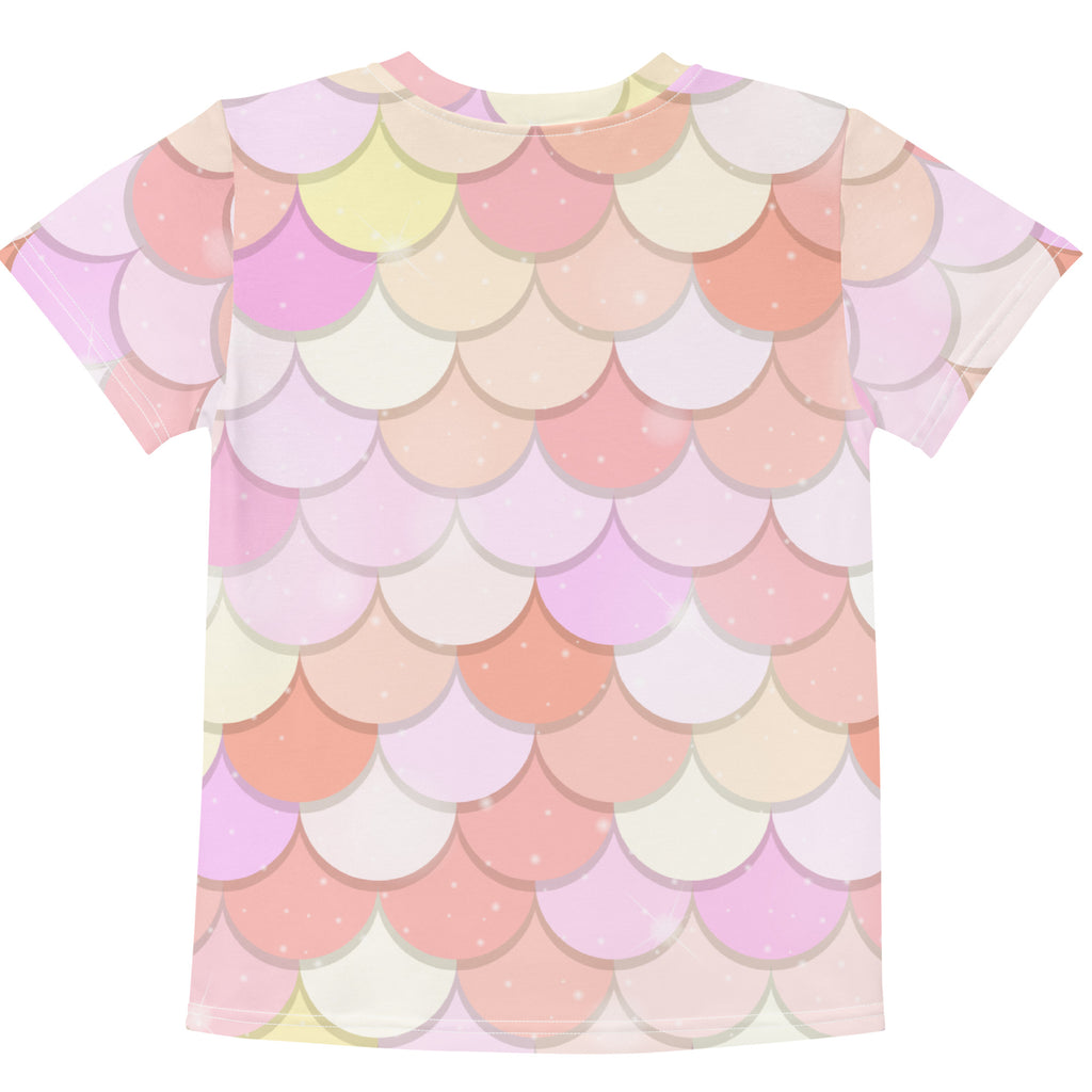 Girls pink mermaid cotton t-shirt with pastel-colored mermaid scale pattern in soft pink peach and lavender hues