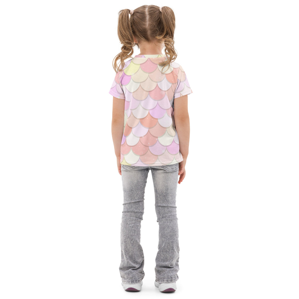Girls pink mermaid cotton t-shirt featuring pastel pink and white mermaid scale print with short sleeves