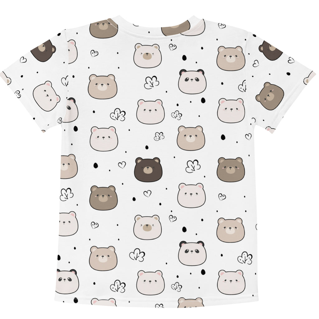 White kids cotton short-sleeved t-shirt with playful all-over cartoon bear faces and heart and leaf prints