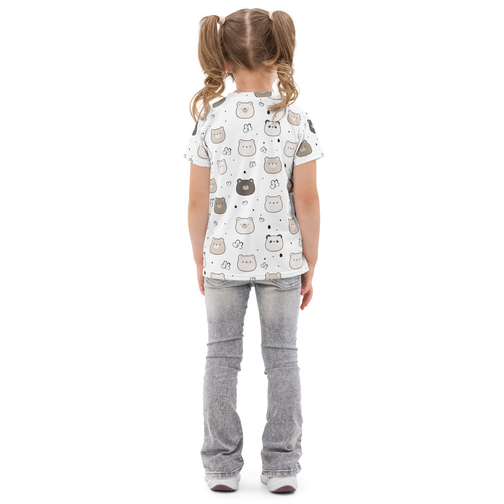 Kids cute bear faces cotton t-shirt white short-sleeved with gray and beige cartoon cat faces and small hearts pattern