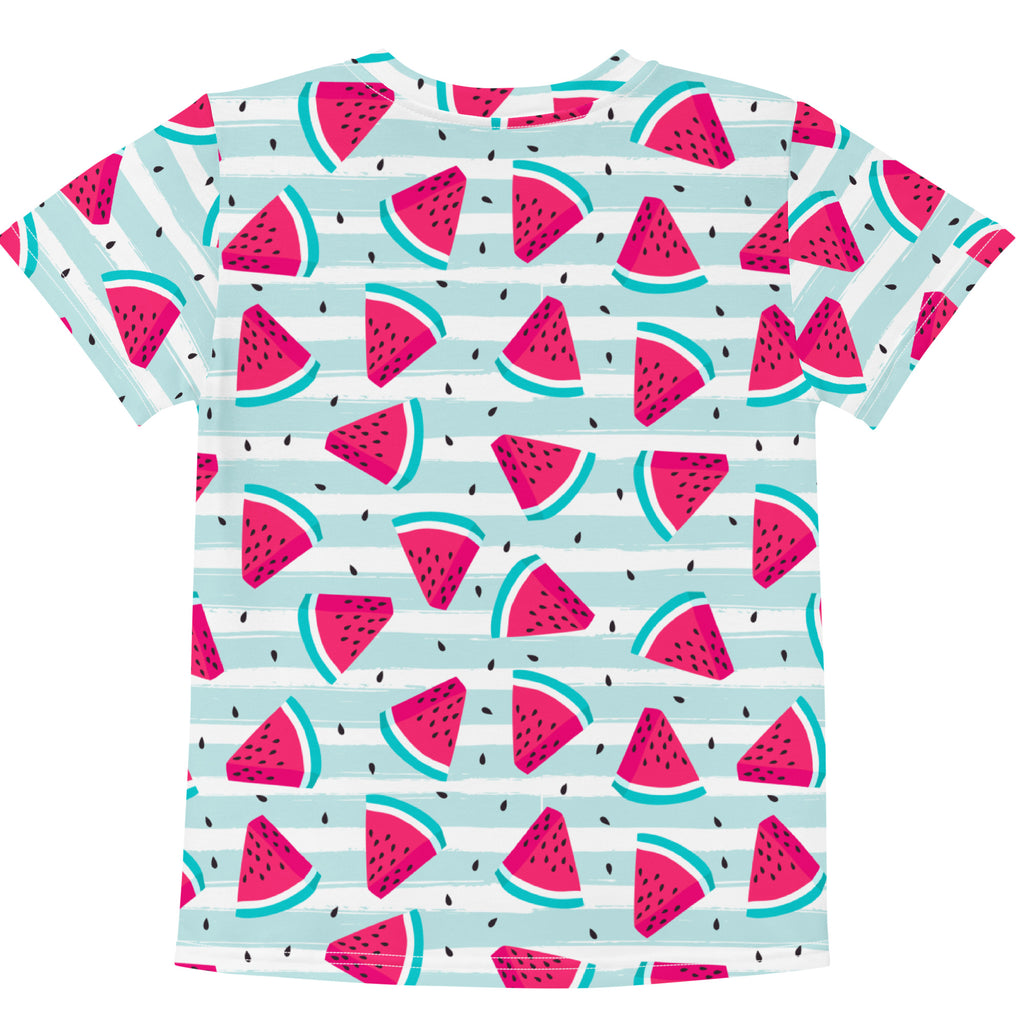 Kids watermelon summer stripes cotton t-shirt with playful pink watermelon pattern on light blue and white stripes