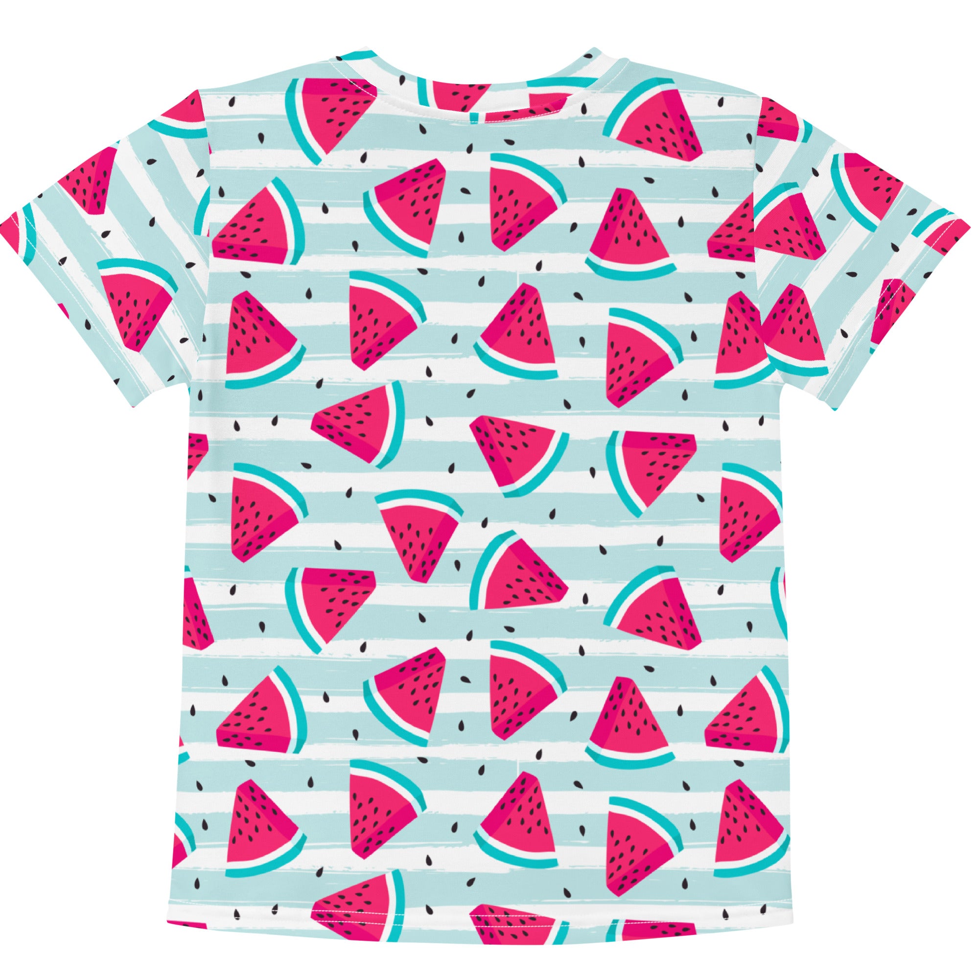 Kids watermelon summer stripes cotton t-shirt with playful pink watermelon pattern on light blue and white stripes