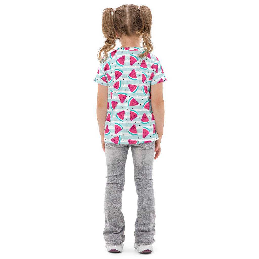 Kids watermelon summer stripes cotton t-shirt with playful pink watermelon slices on light blue and white stripes