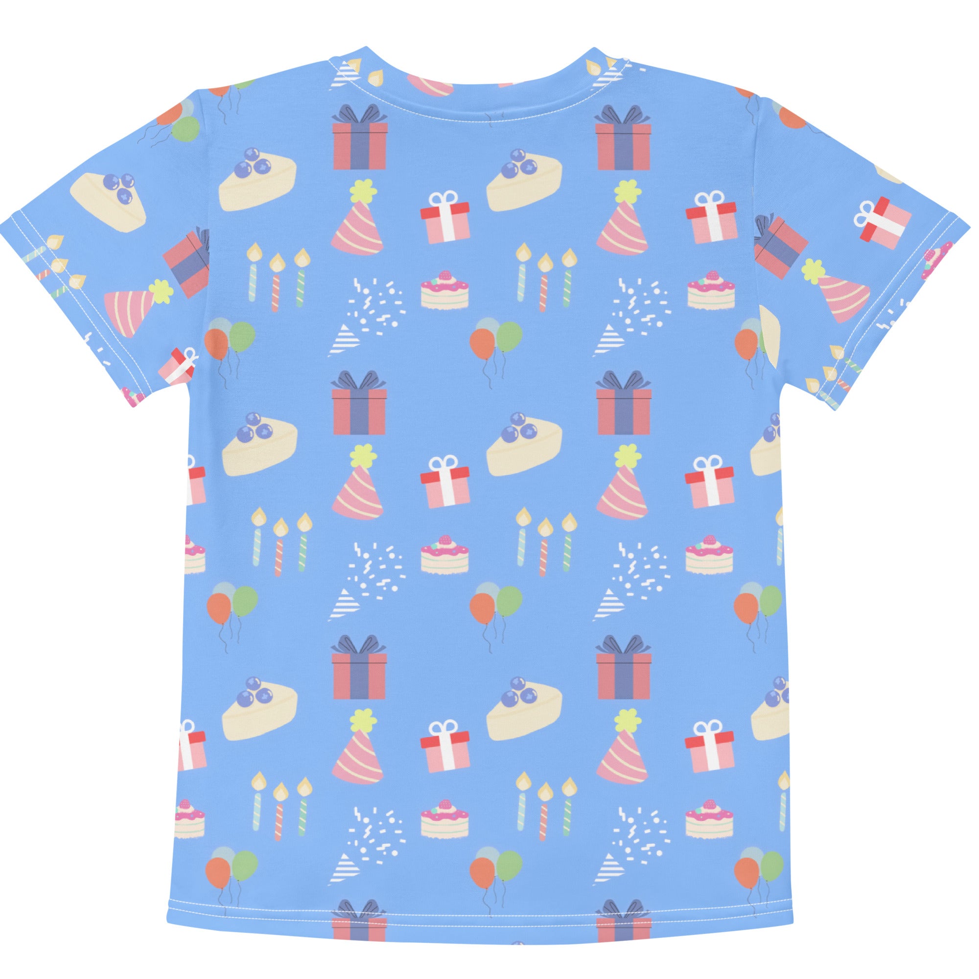Kids blue birthday party cotton t-shirt with light blue short sleeves and playful birthday-themed print in pastel colors
