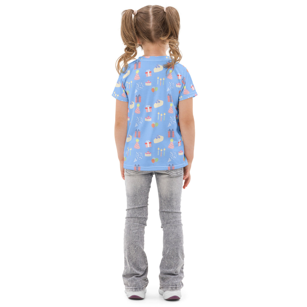 Kids blue birthday party cotton t-shirt with light blue short sleeves and playful pastel birthday cake and gift pattern