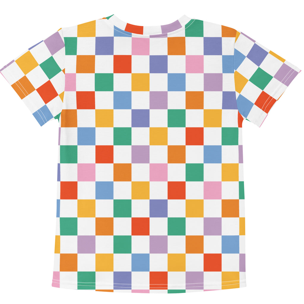 Kids rainbow checkerboard cotton t shirt with short sleeves featuring a multicolored playful pattern on white background